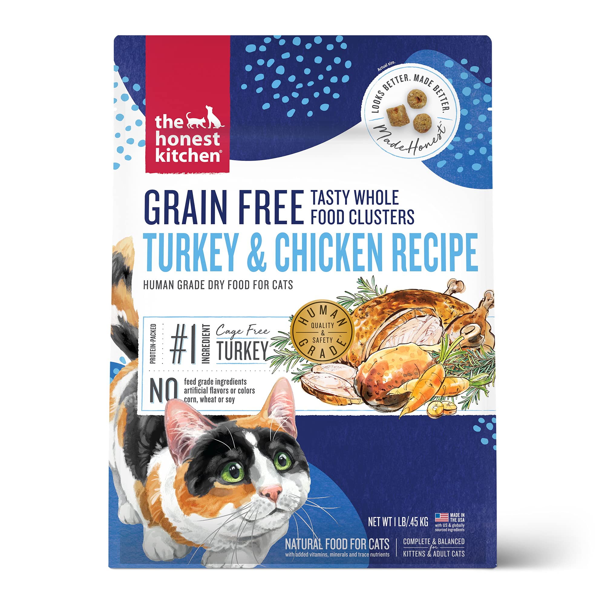 The Honest Kitchen Human Grade Whole Food Clusters Grain Free Turkey & Chicken Dry Cat Food, 1 lb Trial Pouch