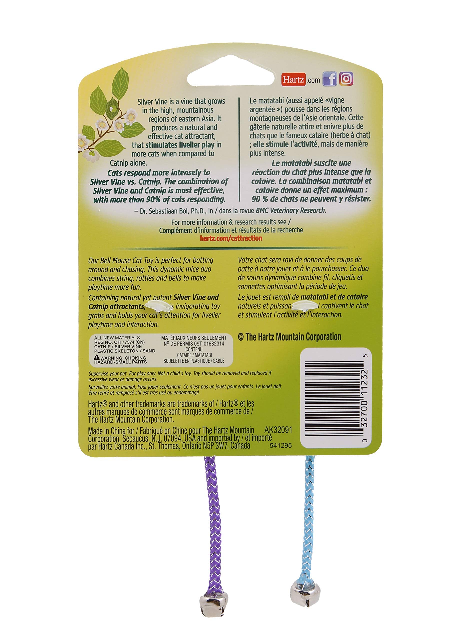 Hartz Cattraction Bell Mouse Cat Toy With Two Silver Vine & Catnip Sisal Mice - 2 Pack, All Breed Sizes