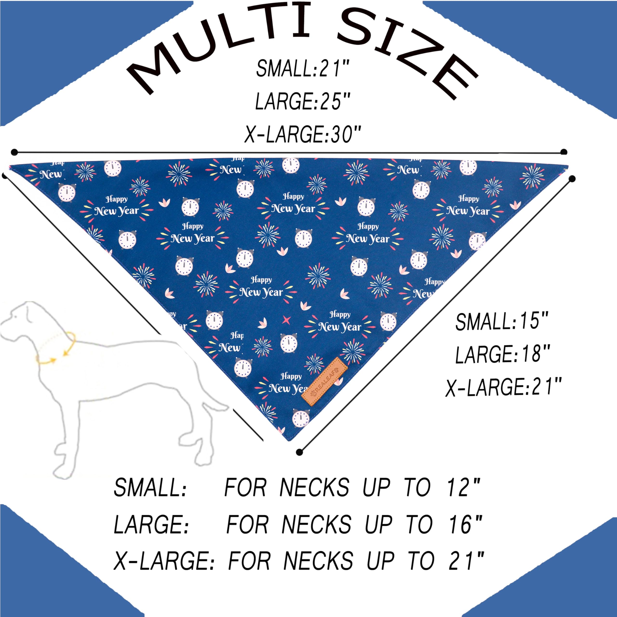 Realeaf Happy New Year Dog Bandanas 2 Pack, Reversible Holiday Pet Scarf For Boy And Girl, Premium Durable Fabric, Bandana For Small Medium Large And Extra Large Dogs (X-Large)