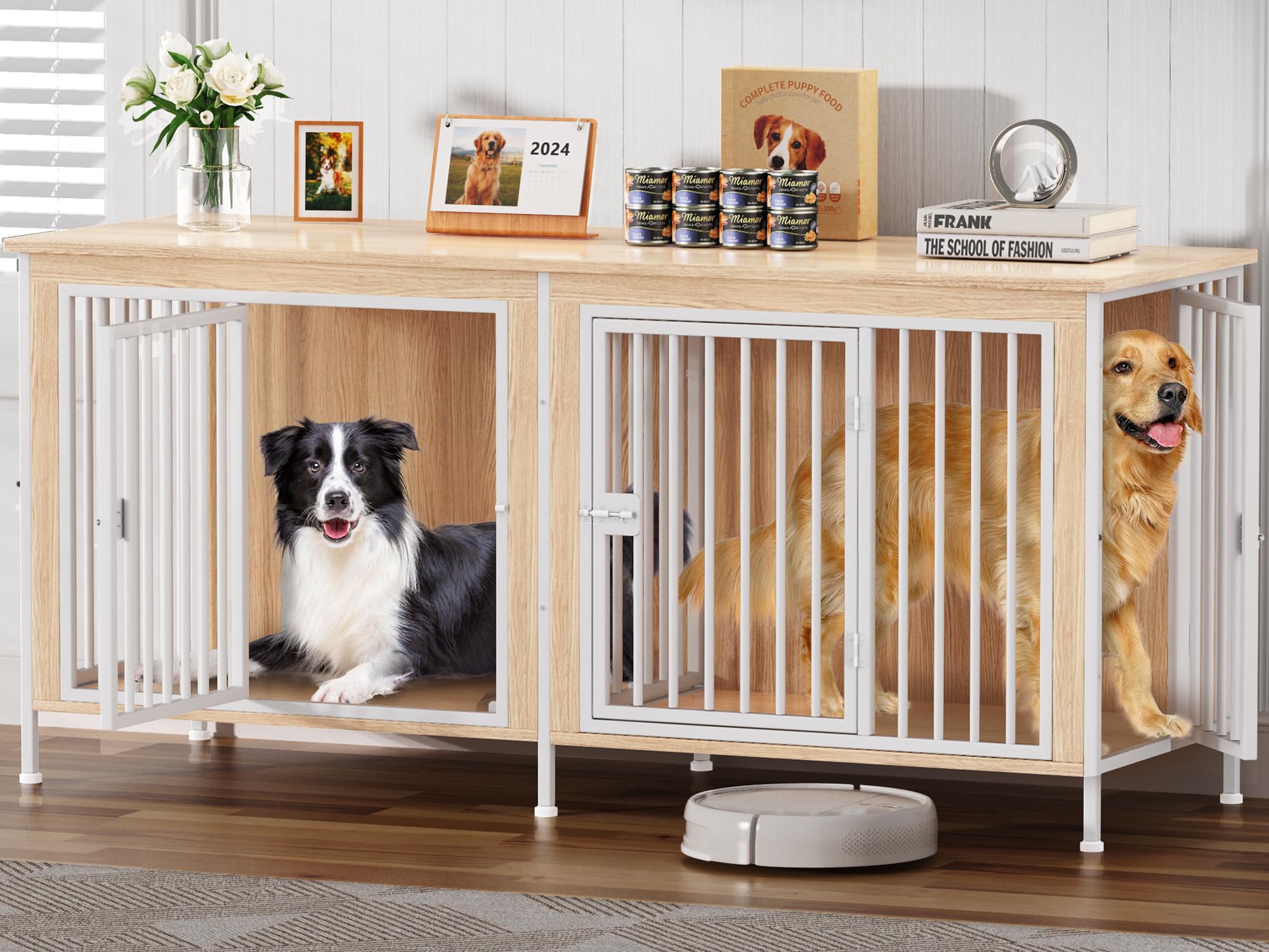 Easycom 78 Inch Dog Cage Furniture For 2 Pets With Divider, Xxl Wooden Double Dog Crate Furniture Tv Stand For Mideum And Large 
