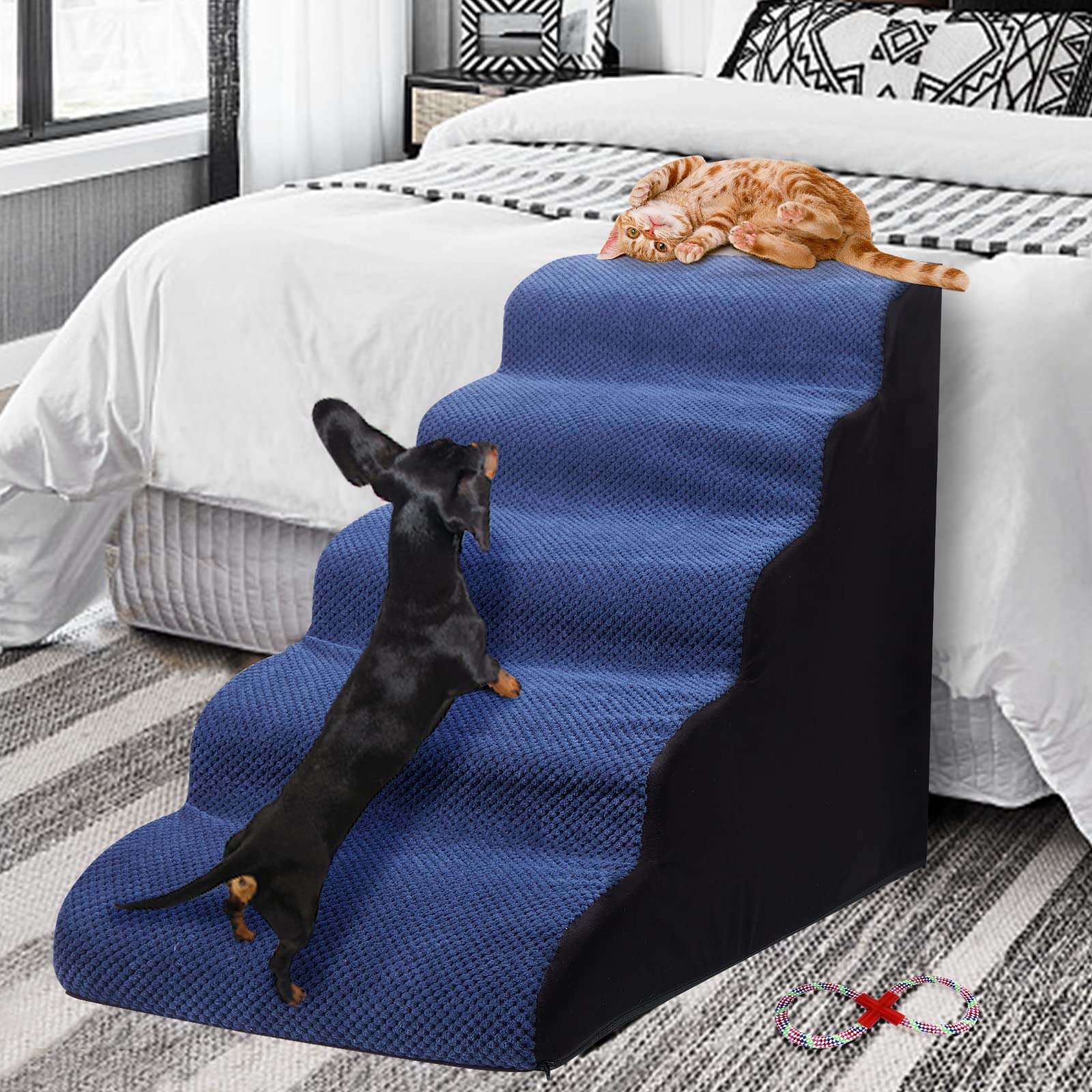 Foam 5 Tier Dog Steps&Stairs For High Beds 25 Inches High, Tall Extra Wide Pet Stairs/Steps For High Beds/Bedsides,Non-Slip Dog 