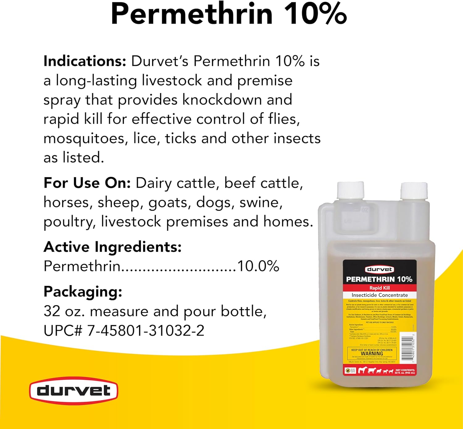 Durvet Permethrin EC 10% Concentrate, 32 oz - Effective Insecticide for Livestock and Pets