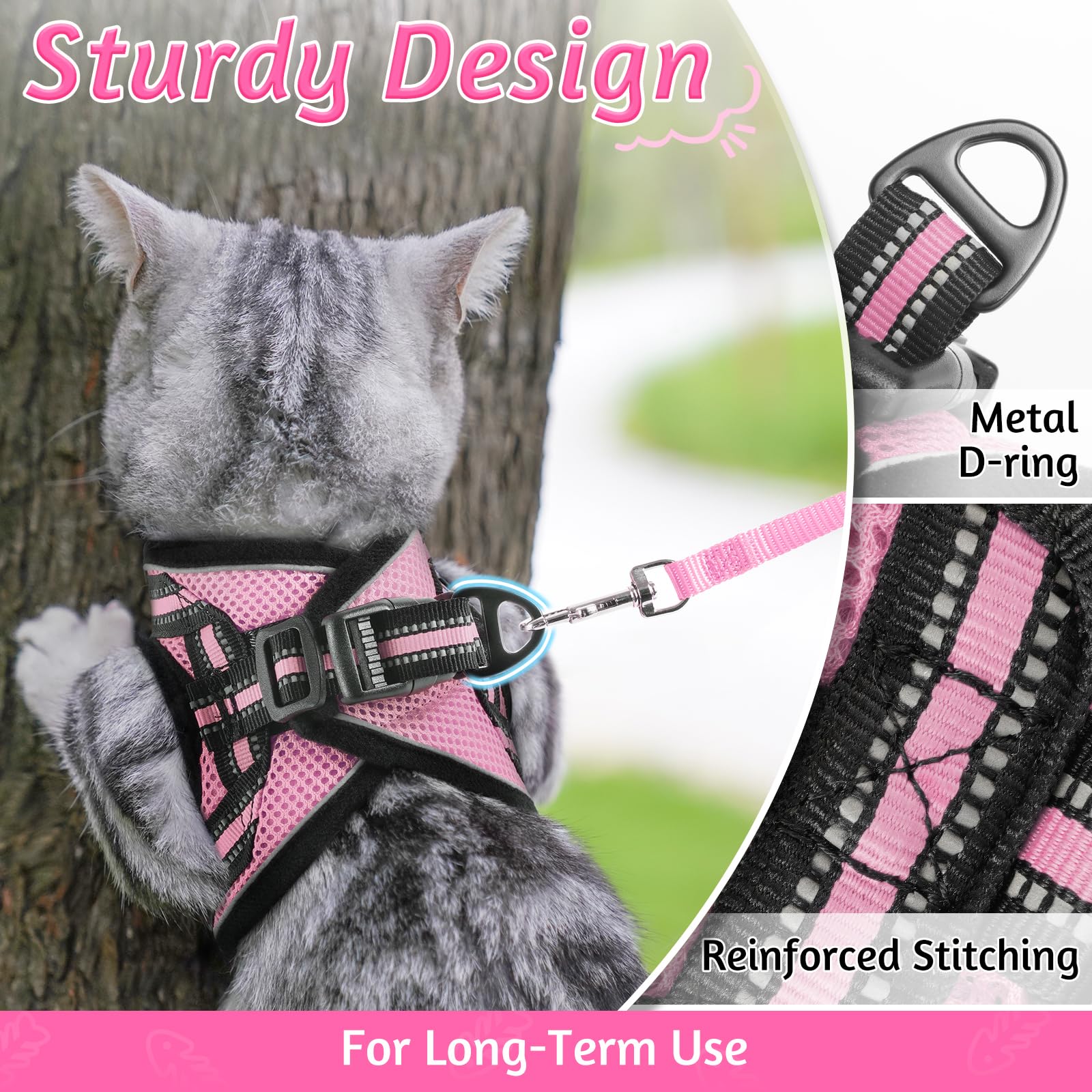 Rabbitgoo Cat Harness And Leash Set For Walking Escape Proof, Adjustable Soft Kittens Vest With Reflective Strip For Cats, Comfortable Outdoor Vest, Pink, S