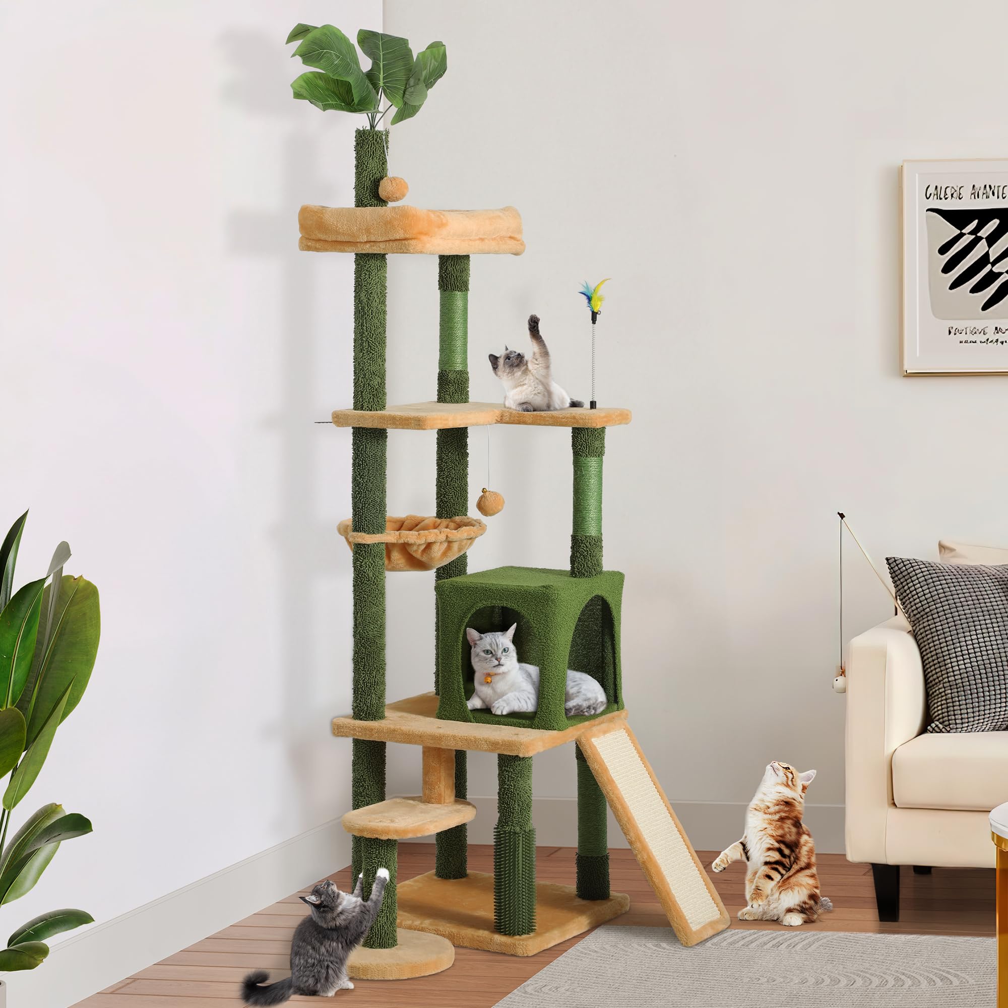 Yitahome Tall Cat Tree Tower With Leaves For Indoor Cats, 72.8In Cute Cat Climbing Tower With Self-Grooming Brush, Cat Condo, To
