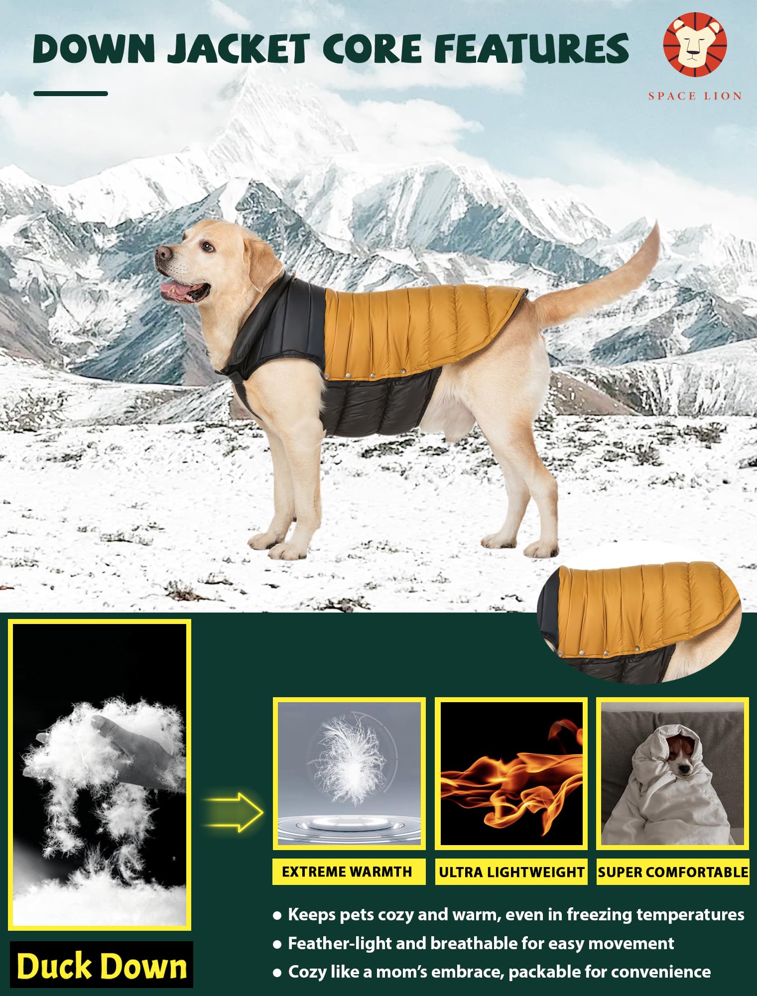 Space Lion Classic Dog Down Jacket, Duck Down Insulation, Sgs Certified, Warm, Lightweight, Water-Repellent, Two-Tone Winter Coa