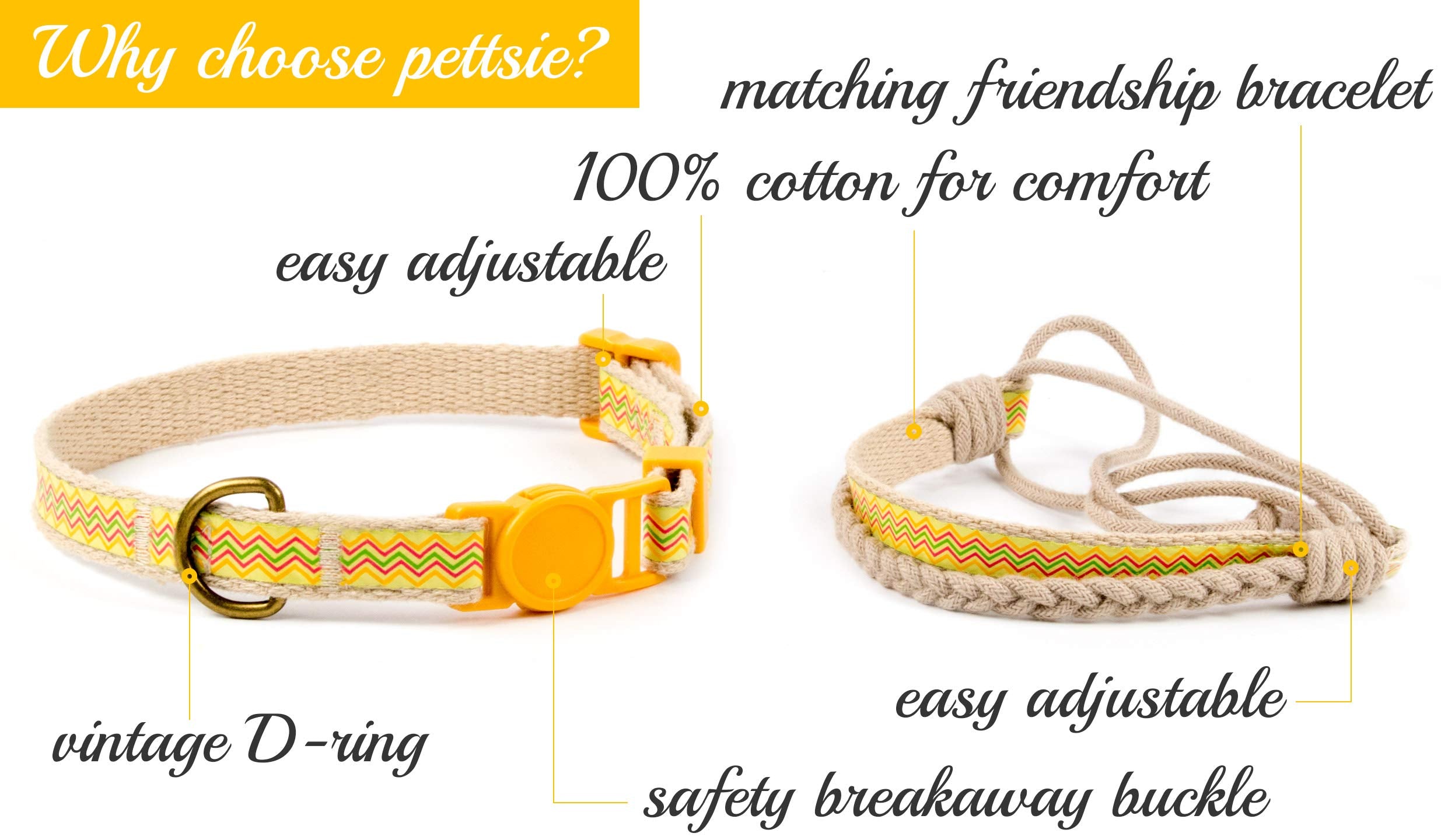 Pettsie Easy Adjustable Kitten Collar Set, Safety Breakaway Buckle, Matching Friendship Bracelet, Soft Cotton For Sensitive Skin, Ideal For Kitty Lovers, Fits Neck Sizes 5-8 Inches, Yellow