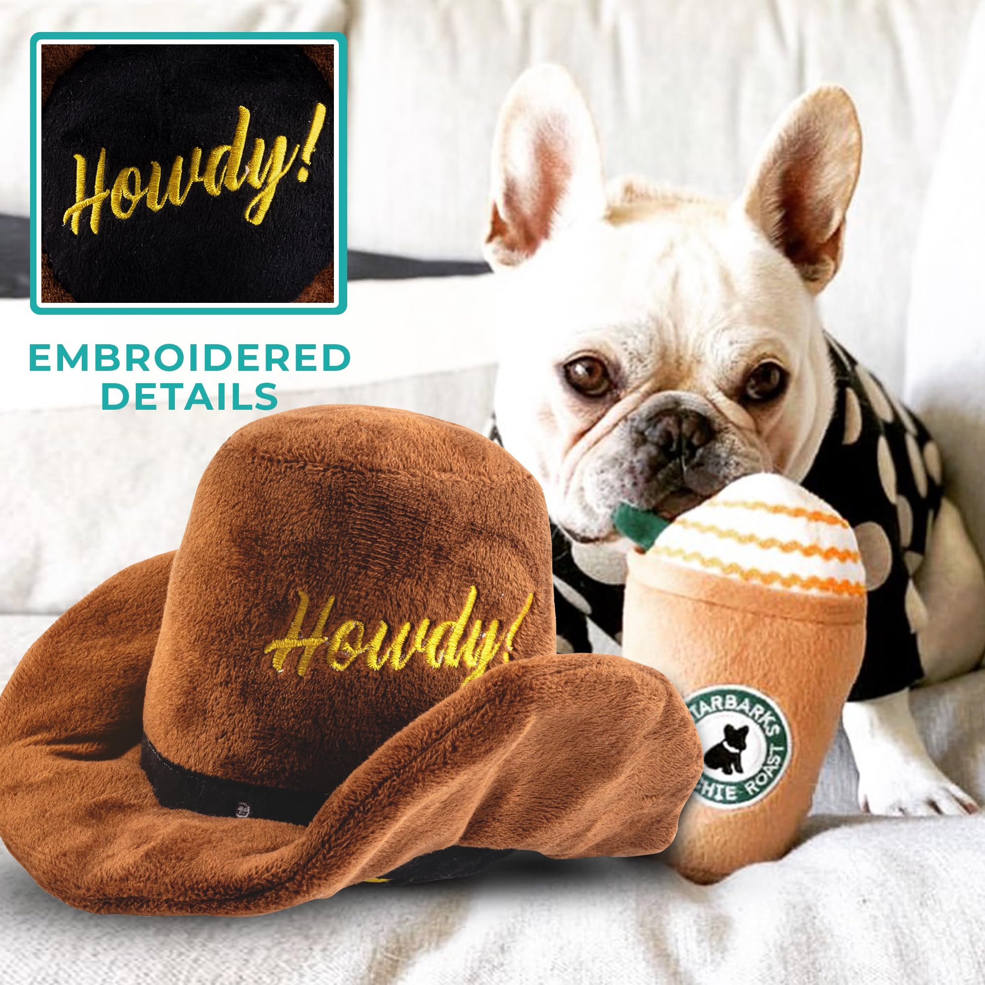 Haute Diggity Dog Cowboy Hat Plush Dog Toy for Medium & Large Dogs, Western-Inspired Stuffed Dog Toys with Interactive Squeaker,