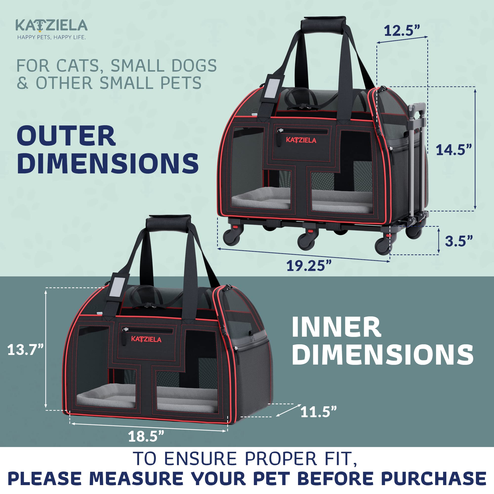 Airline Compliant Pet Carrier - Rolling Portable Travel Carry Crate For Small Dog Puppy Or Cat - Soft Removable Wheeled Design W