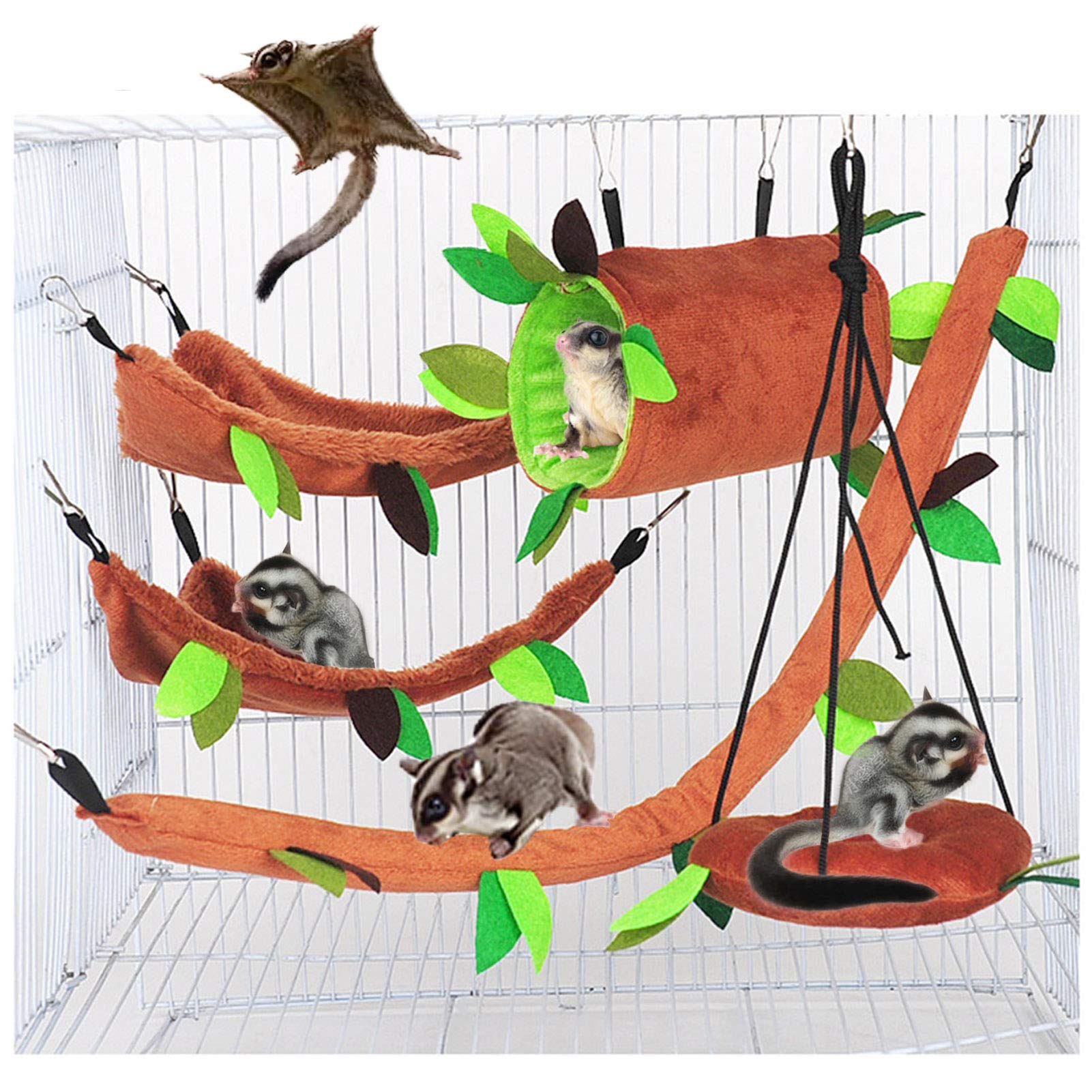 Seis 5Pcs Hamster Hanging Cage Accessories Set Leaf Wood Design Small Animal Hammock Channel Ropeway Swing For Guinea Pig Rat Birds Parrot Gerbil Sugar Glider Squirrel (5 Pcs)