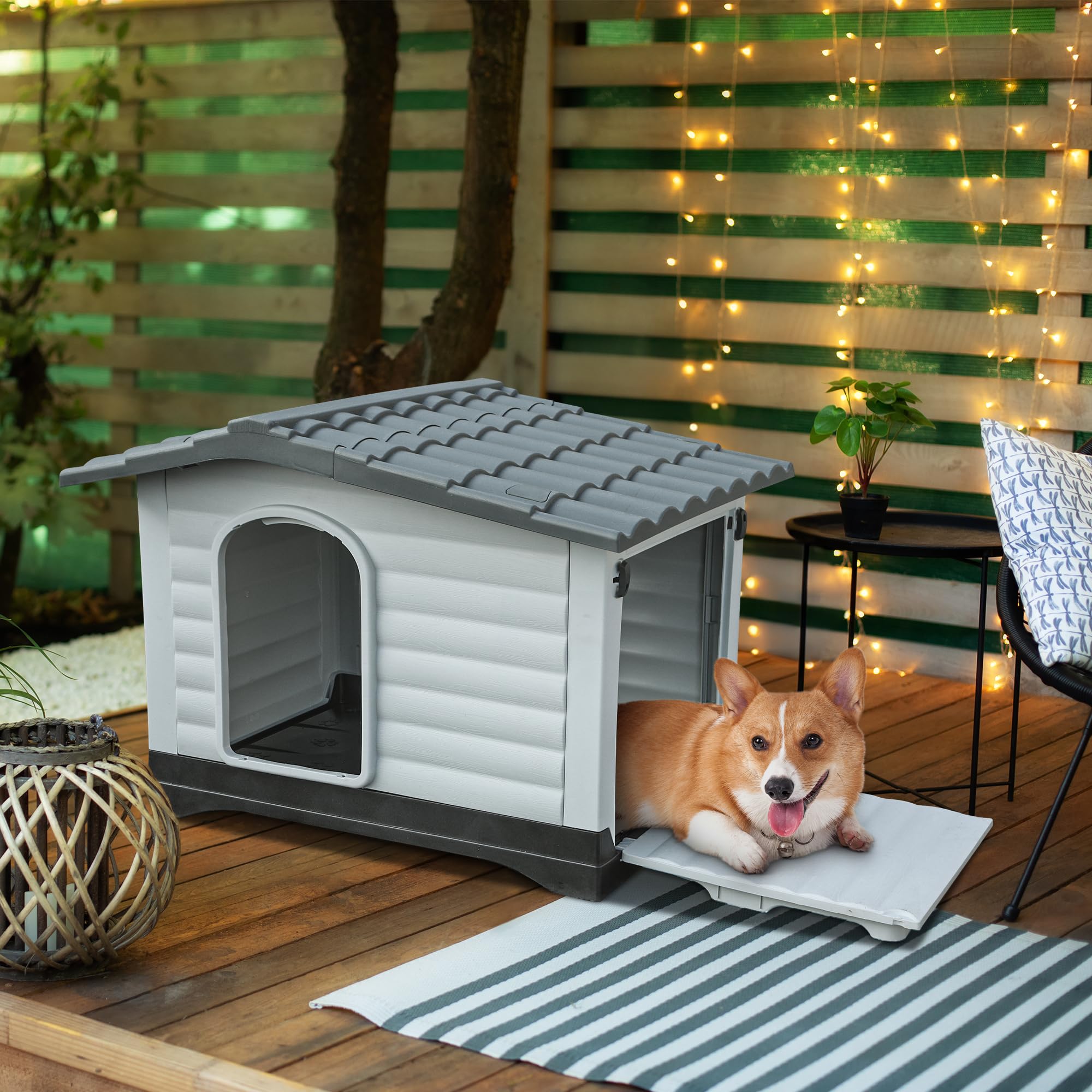 Yitahome 36'' Large Double Door Dog House With Porch & Cushion, Outdoor Plastic Doghouse With Elevated Base, Easy To Install, Wa