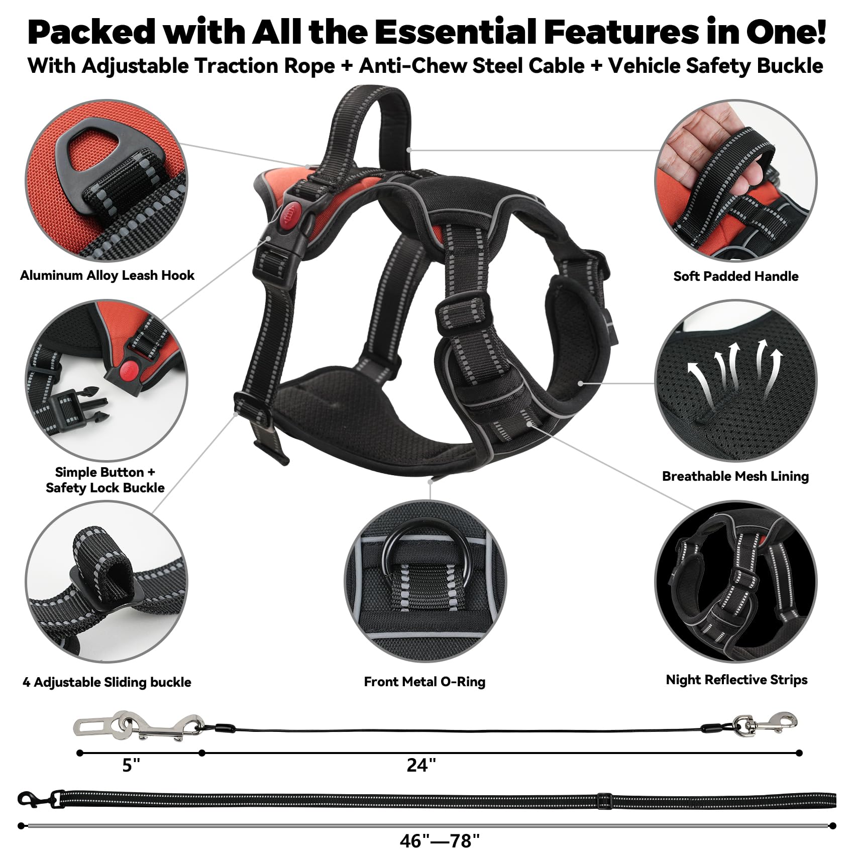 No Pull Dog Harness For Large Dogs-Medium Dogs, Adjustable Reflective Oxford Material Vest, With Heavy Duty Dog Leash, Chew-Resi