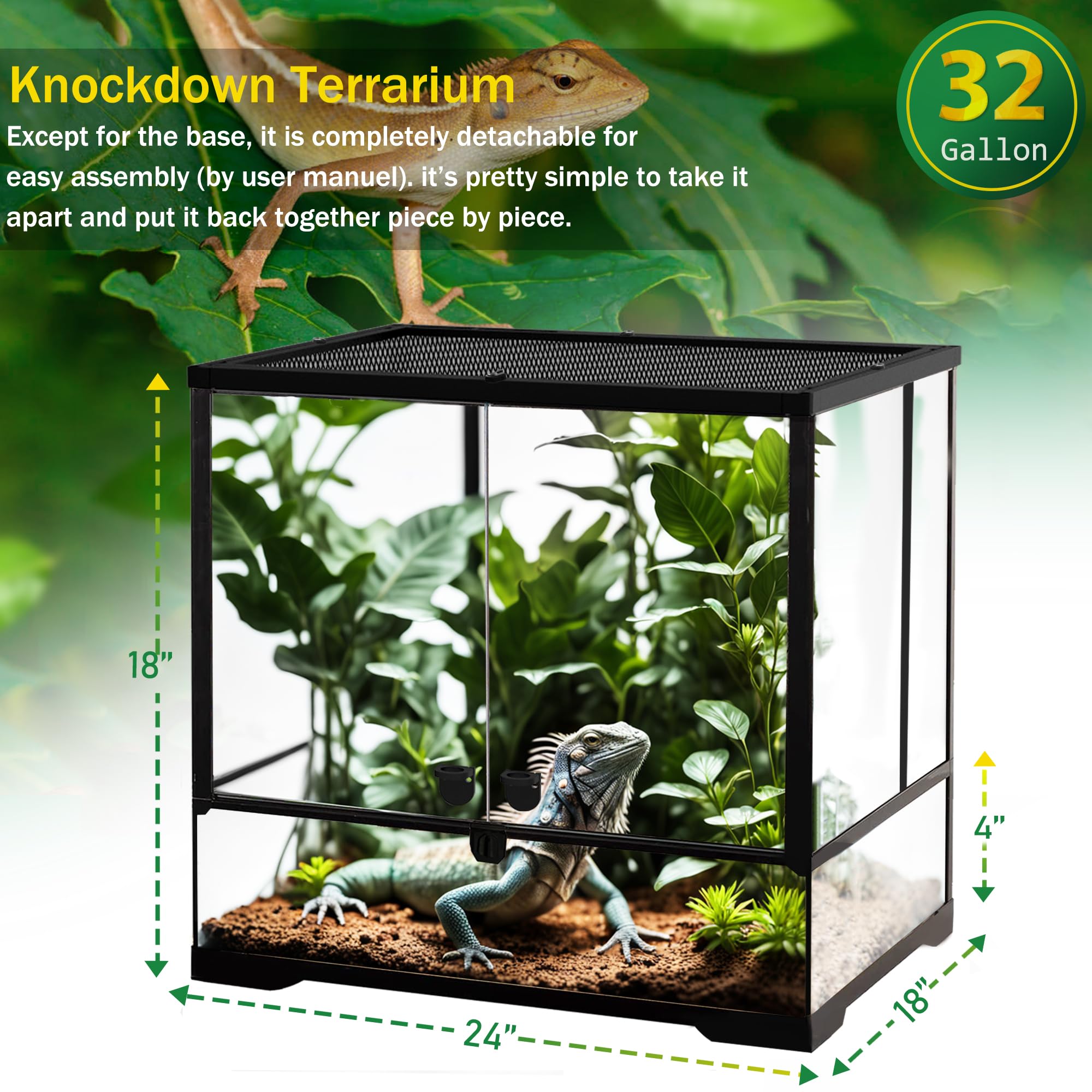 Neptonion 32 Gallon Professional Glass Terrarium 24''X18''X18'' Durable Reptile Habitat Tank With Heat Resistant Aluminum Alloy