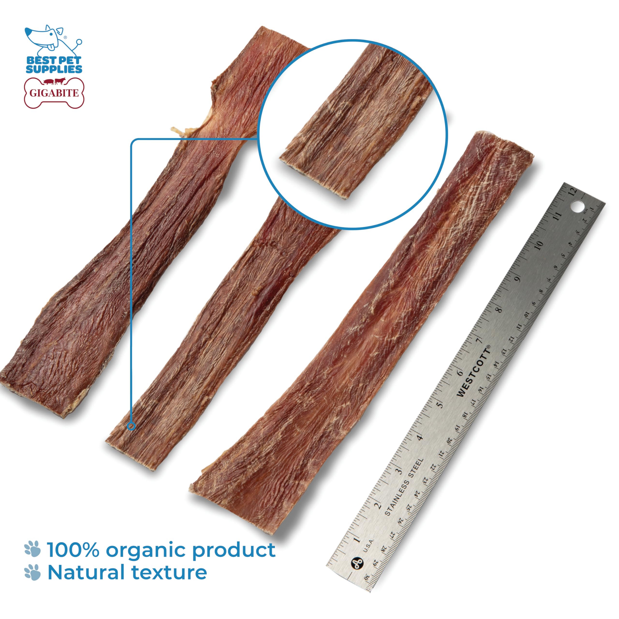 GigaBite 10 to 12 Inch Beef Gullet Jerky Strips (10 Pack) - All Natural, Free Range Beef Esophagus Taffy Dog Treat by Best Pet S