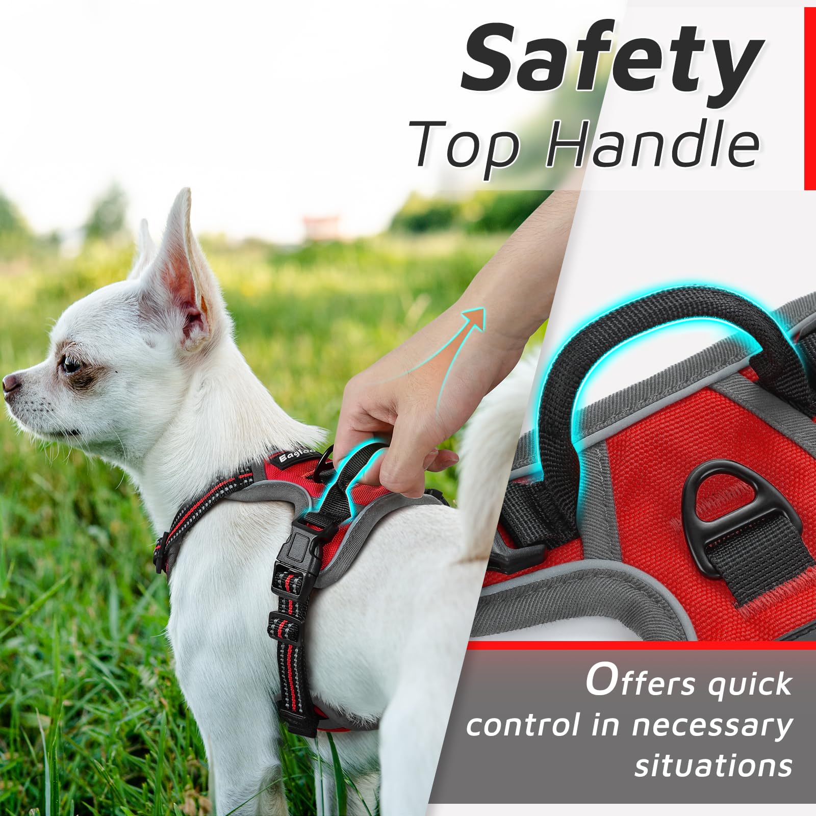 Eagloo Small Dog Harness No Pull, Service Vest With Reflective Strips And Control Handle, Adjustable And Comfortable For Easy Walking, No Choke Pet Harness With 2 Metal Rings, Red, Xs