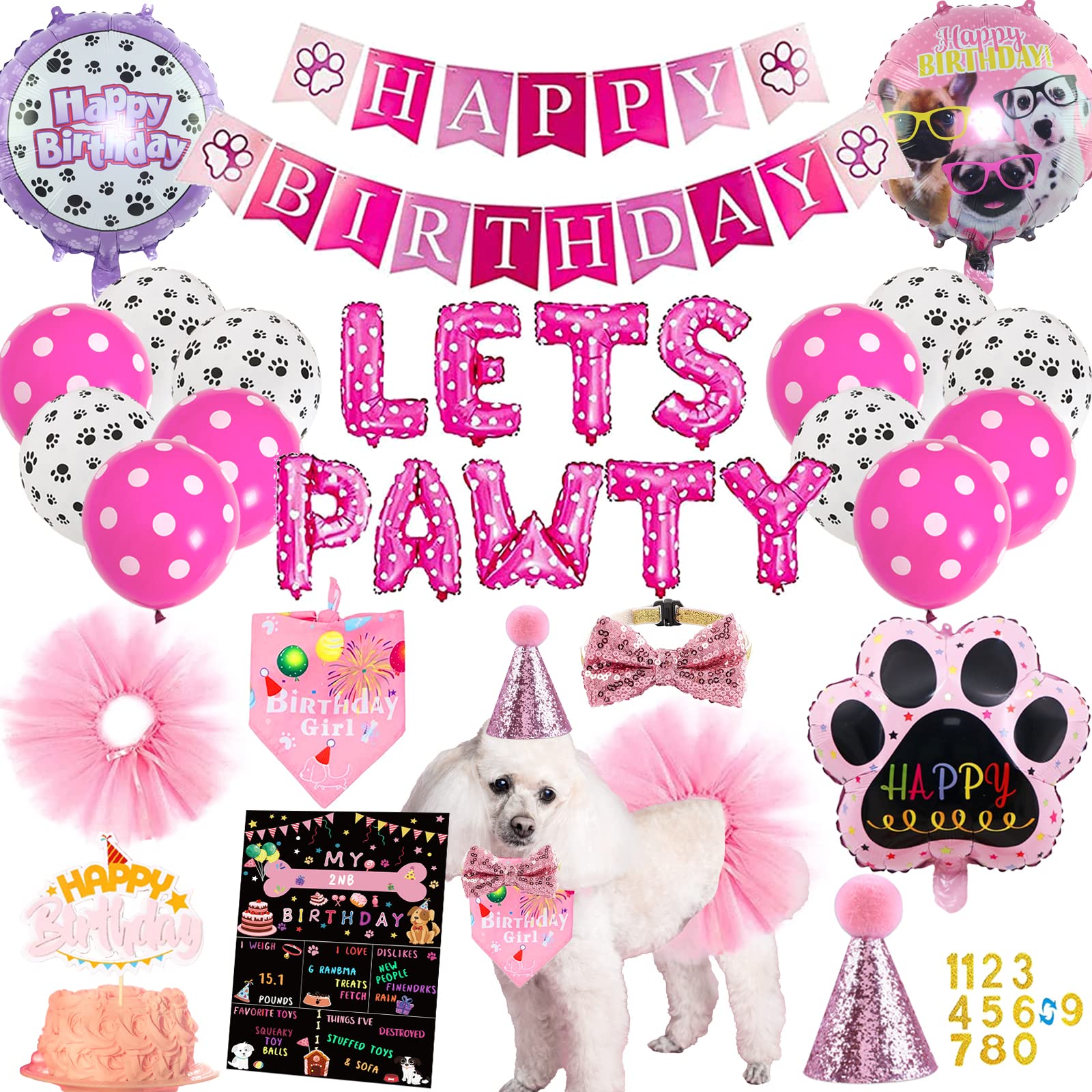 Dog Party Supplies Decorations - Cute Bandana, Let'S Pawty Banner, Cake Topper, Hat, Pink Bowtie, Tutu Skirt, Paw Balloon For Bi