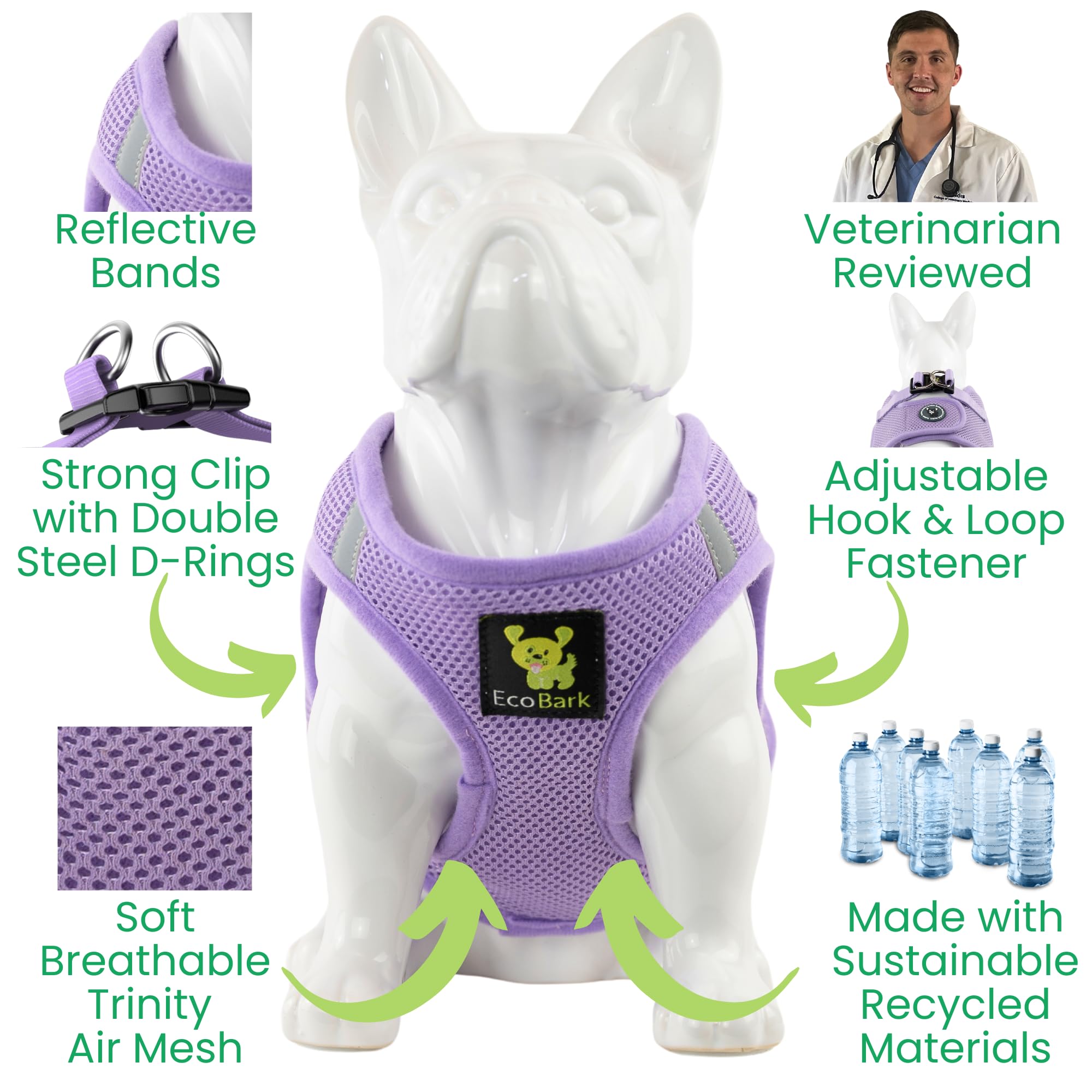 Ecobark Step In Dog Harness - Eco-Friendly Teacup Dog Harnesses For Xxs, Xs, And Small Breed Dogs - Reflective And Adjustable Mini Body Halter Vest -Tiny Soft Mesh Toy Breed Harness (Lavender, Xxs)