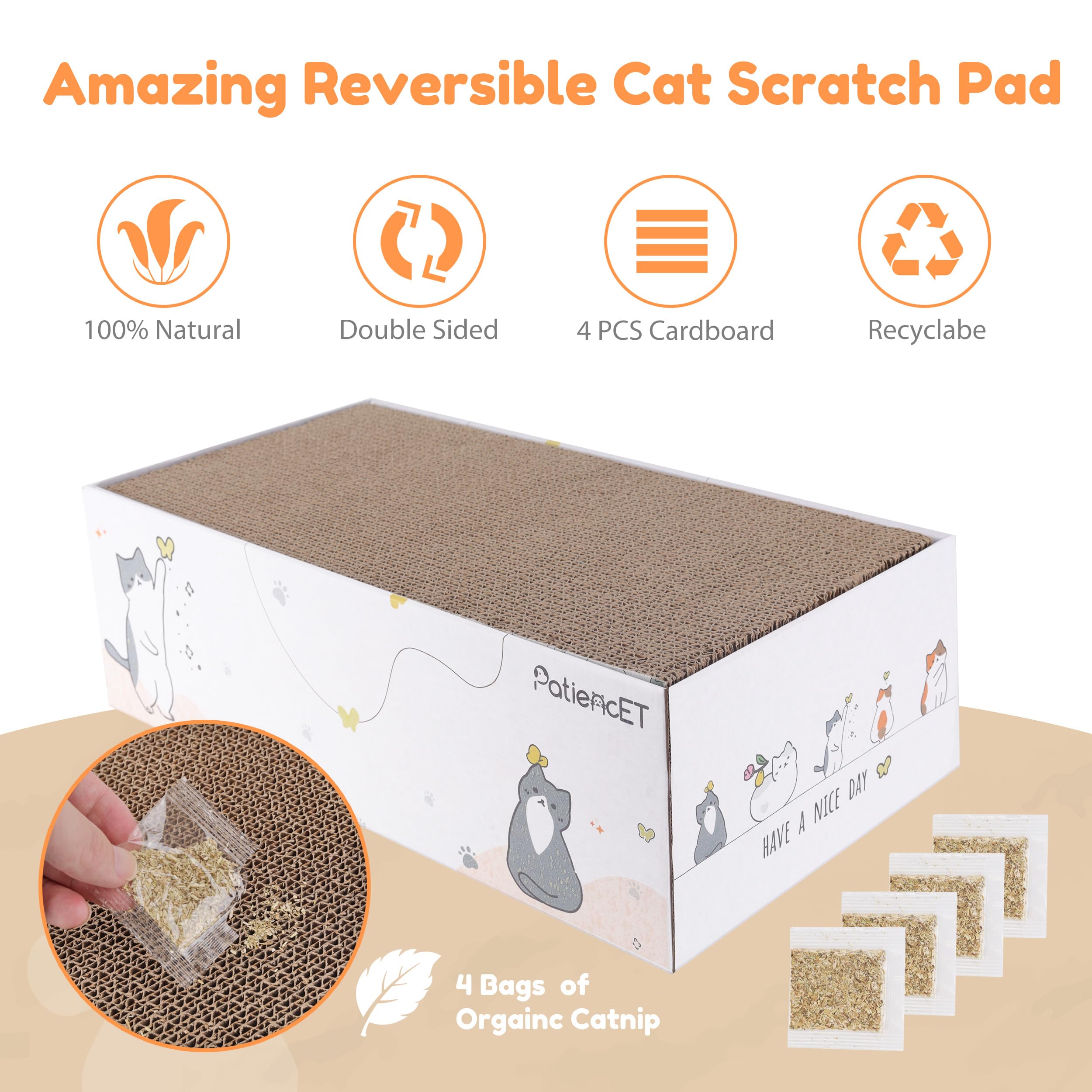 Patiencet 4 Pack Cat Scratch Pad With Box, Cardboard Cat Scratcher For Indoor Cats, Reversible Scratcher With Catnips Box Bed De