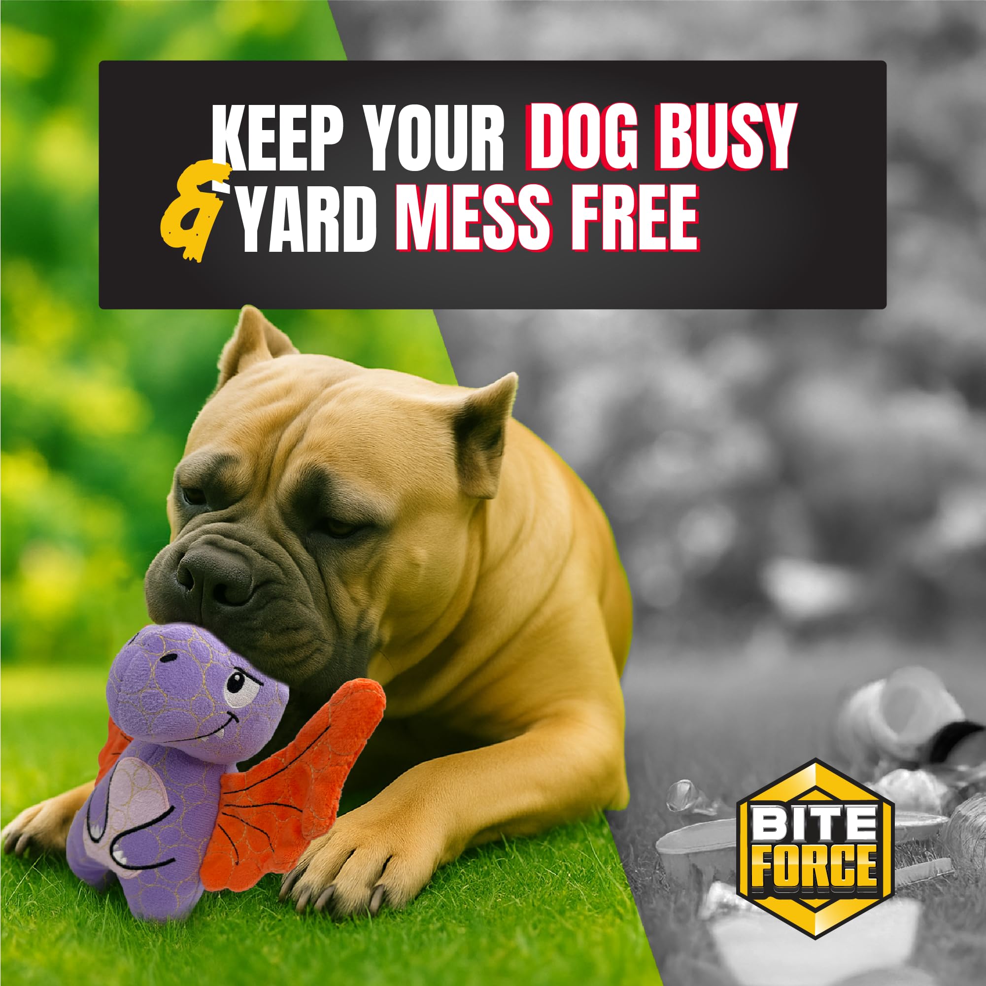 Bite Force Durable Dog Toy - Purple Dino with Squeaker, Kevlar-Reinforced for Aggressive Chewers, Model BF1140-PS