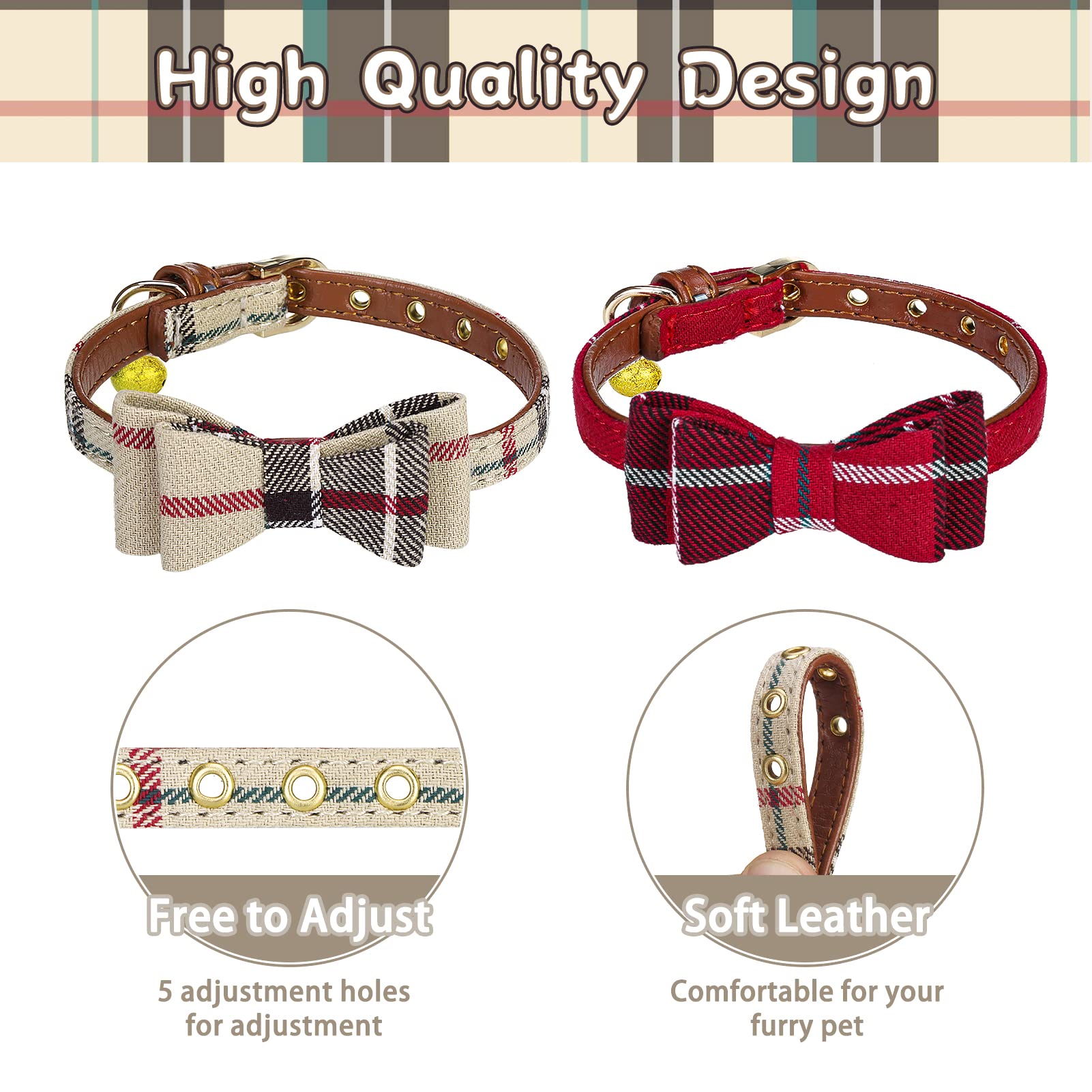 Pupteck Puppy Collar With Bell - 2 Pack Plaid Small Dog Collar Charm Adjustable Bowtie Soft Leather Cat Collar For Kitten And Pu