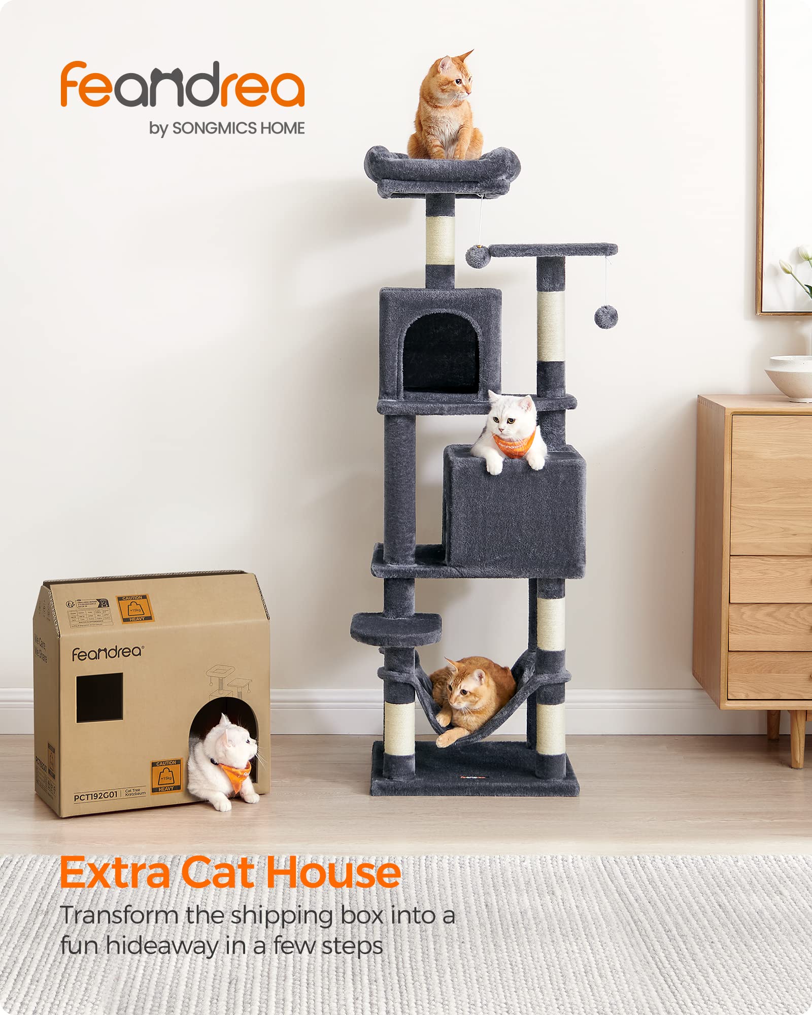 Feandrea Cat Tree, 61-Inch Cat Tower For Indoor Cats, Plush Multi-Level Cat Condo With 5 Scratching Posts, 2 Perches, 2 Caves, Hammock, 2 Pompoms, Smoky Gray Upct192G01