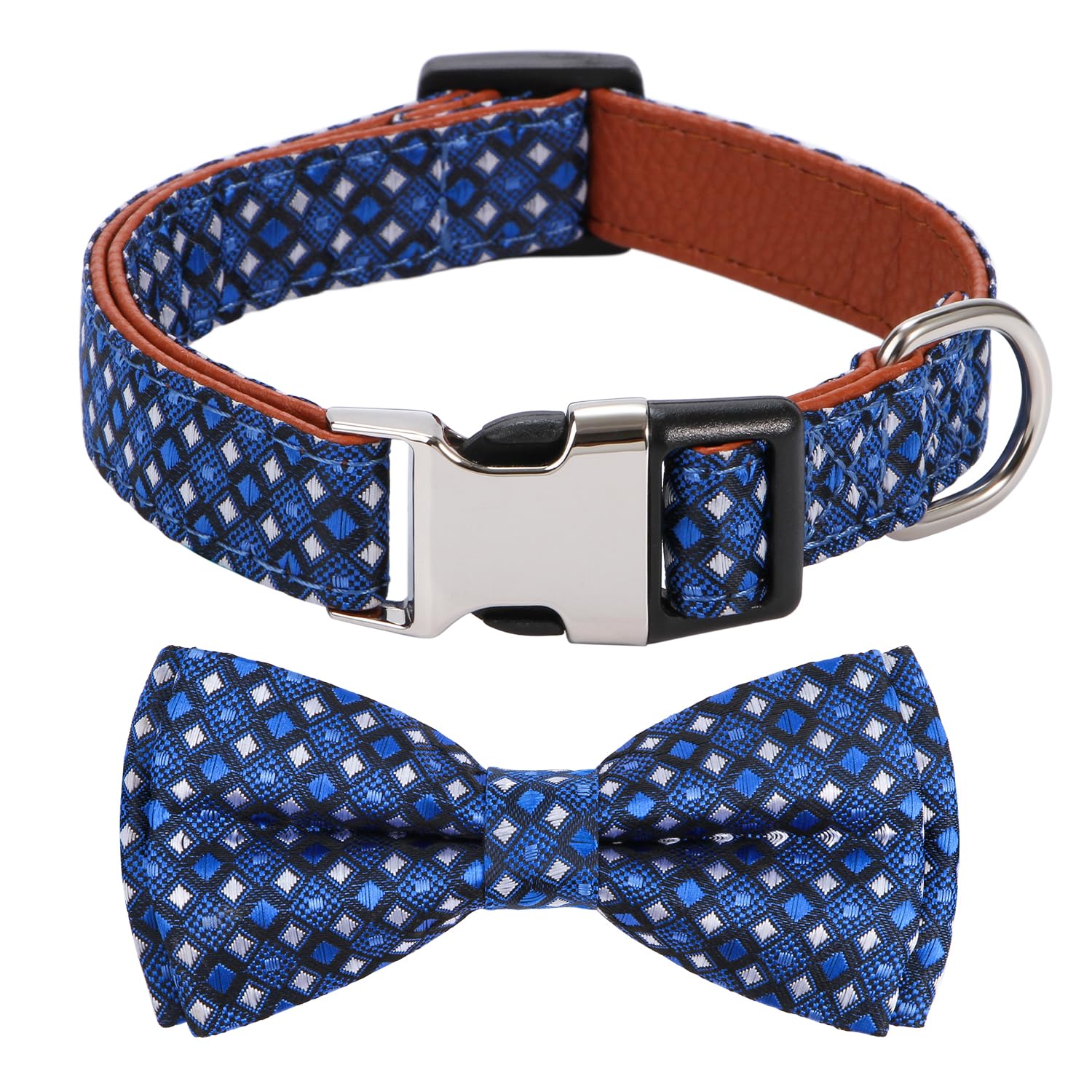 Rhea Rose Bowtie Dog Collar Argyle Dark Blue Bow Tie for Boy Girl Dogs Small