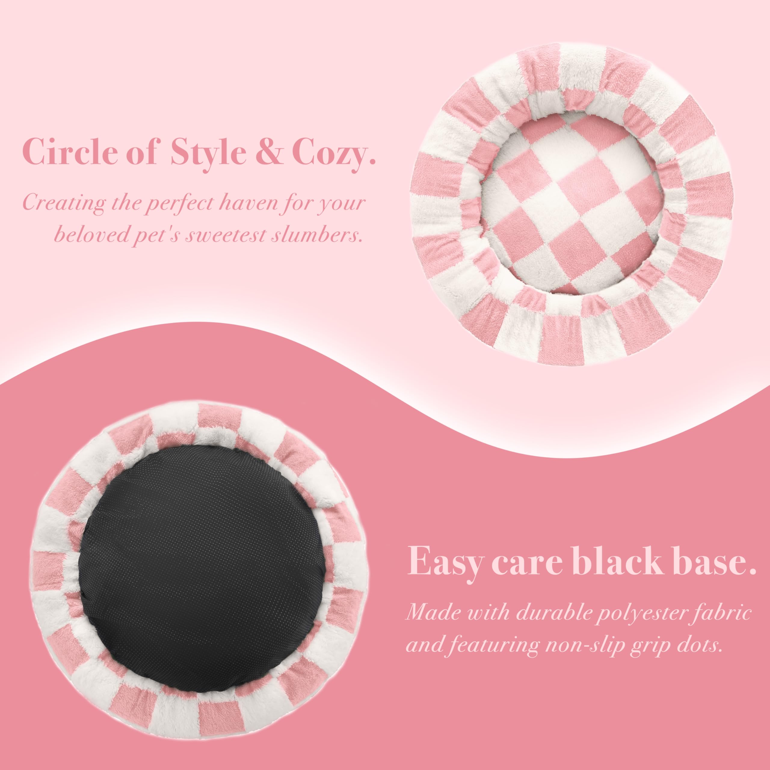 Ohocut Checkered Dog Bed, Cute Girly Pink Retro Style Aesthetic Round Warming Pet Calming Beds For Small Dog And Cats, Plush Coz