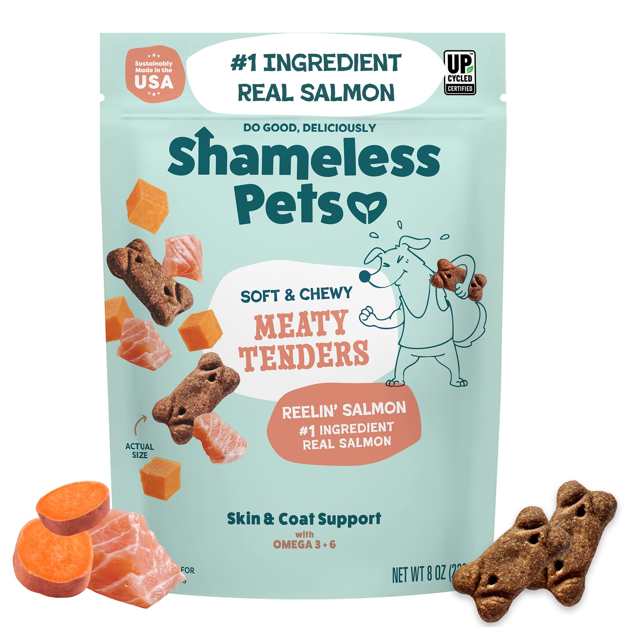 Shameless Pets Soft & Chewy Dog Treats, Reelin Salmon Meaty Tenders, 8oz - Real Salmon is 1st Ingredient - Grain Free, No Corn 