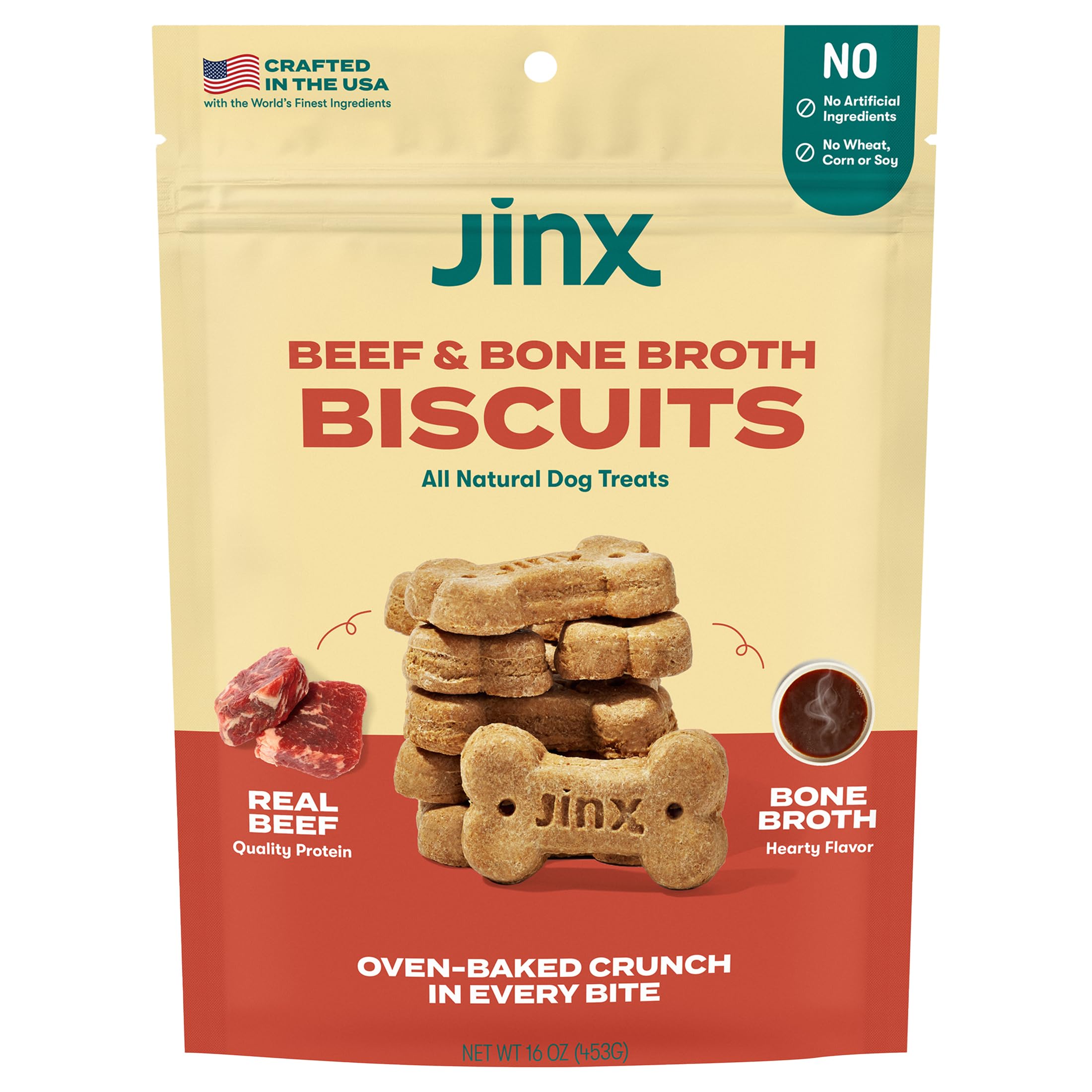 Jinx Oven-Baked Beef Bone Broth Biscuit Treats, Crunchy, All Natural, Superfood-Rich with Real Beef, Pumpkin & Blueberries, 16oz