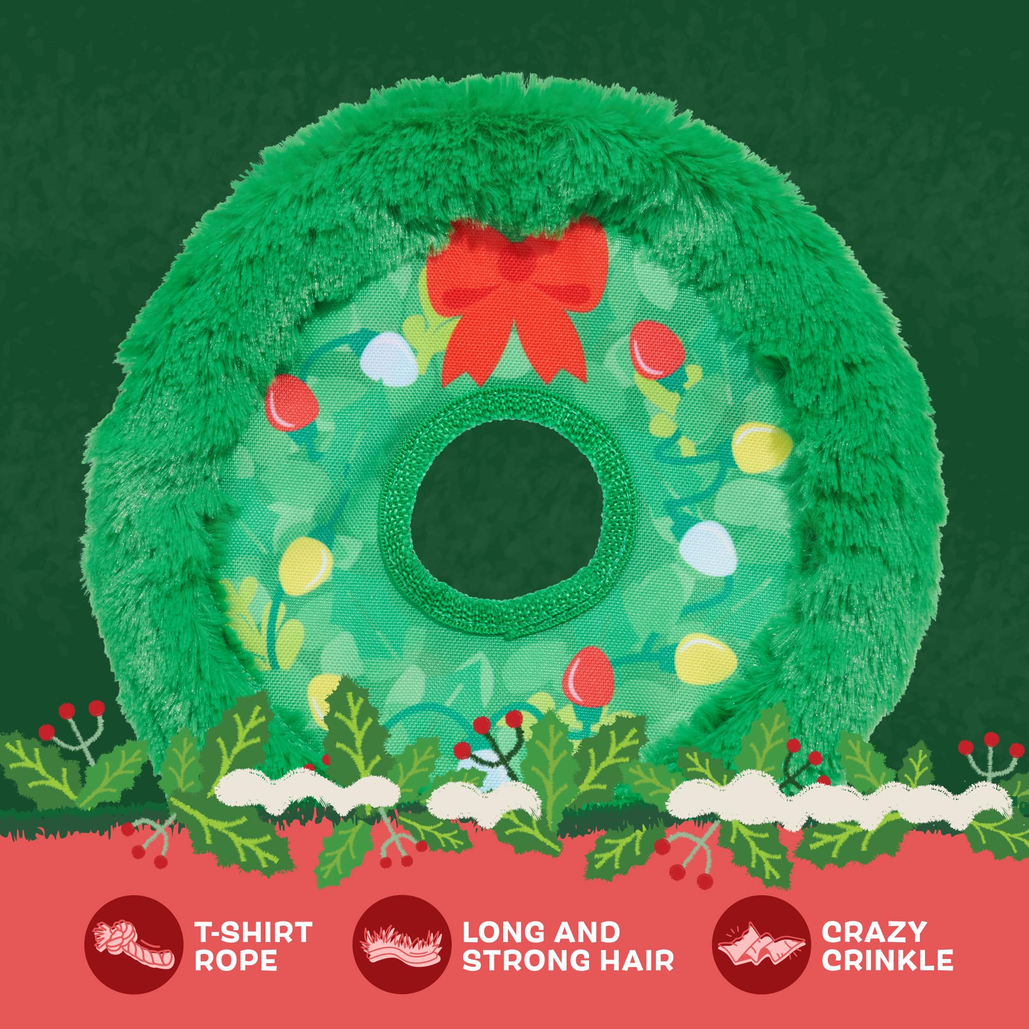Barkbox Get Lit Wreath Dog Toy - Holiday Fetch & Fling Disc with T-Shirt Rope, Crazy Crinkle & Long Plush Hair - Durable Holiday