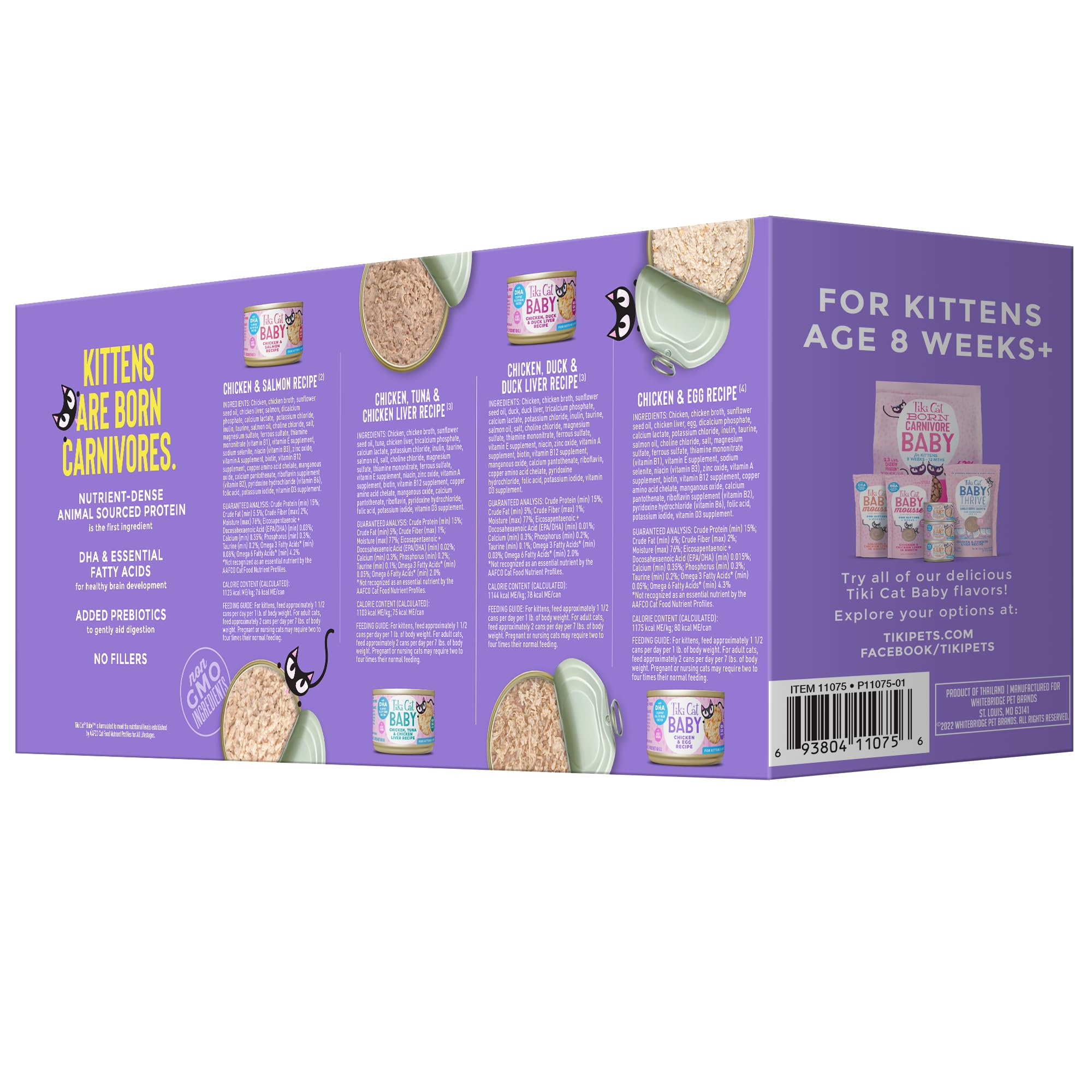 Tiki Cat Baby, Shreds Variety Pack, High-Protein and Flavorful, Wet Cat Food for Kittens 8 Weeks Plus, 2.4 oz. Cans (Pack of 12)