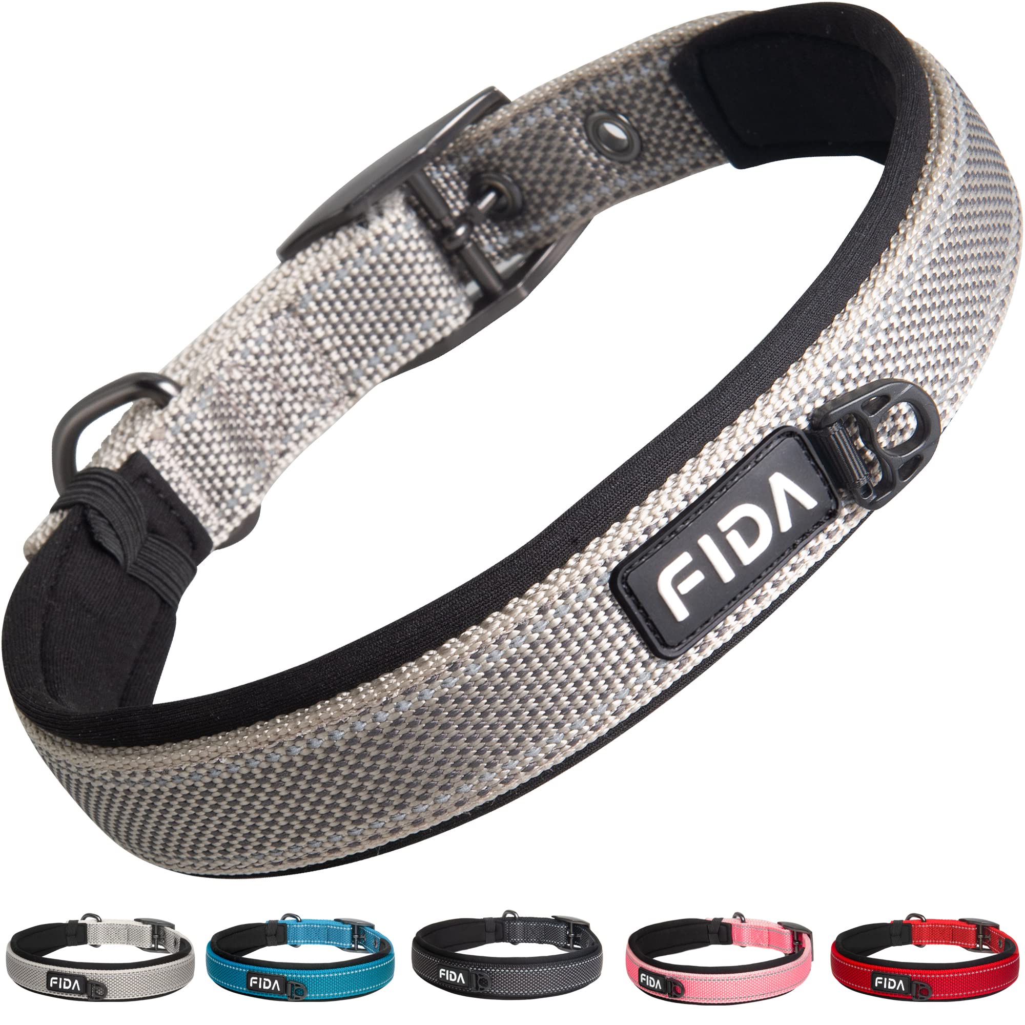 Fida Heavy Duty Dog Collar, Ultra Comfortable Soft Neoprene Padded, Adjustable Reflective Nylon Pet Collar With Durable Metal Belt Buckle For Medium Breeds (M, Grey)