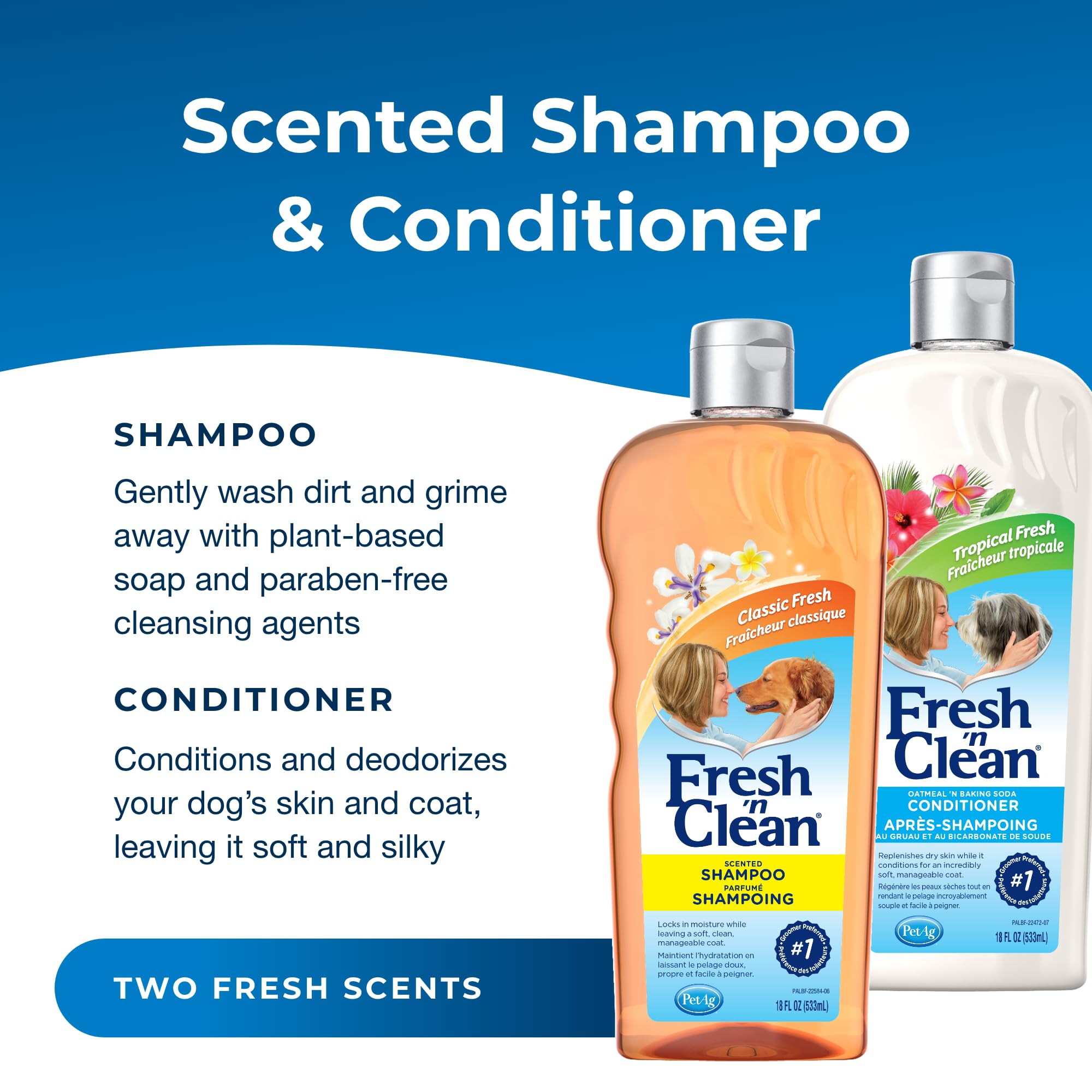 Petag Fresh N Clean Scented Shampoo, Classic Fresh Scent (18 Oz) + Oatmeal N Baking Soda Conditioner, Tropical Breeze Scent (18