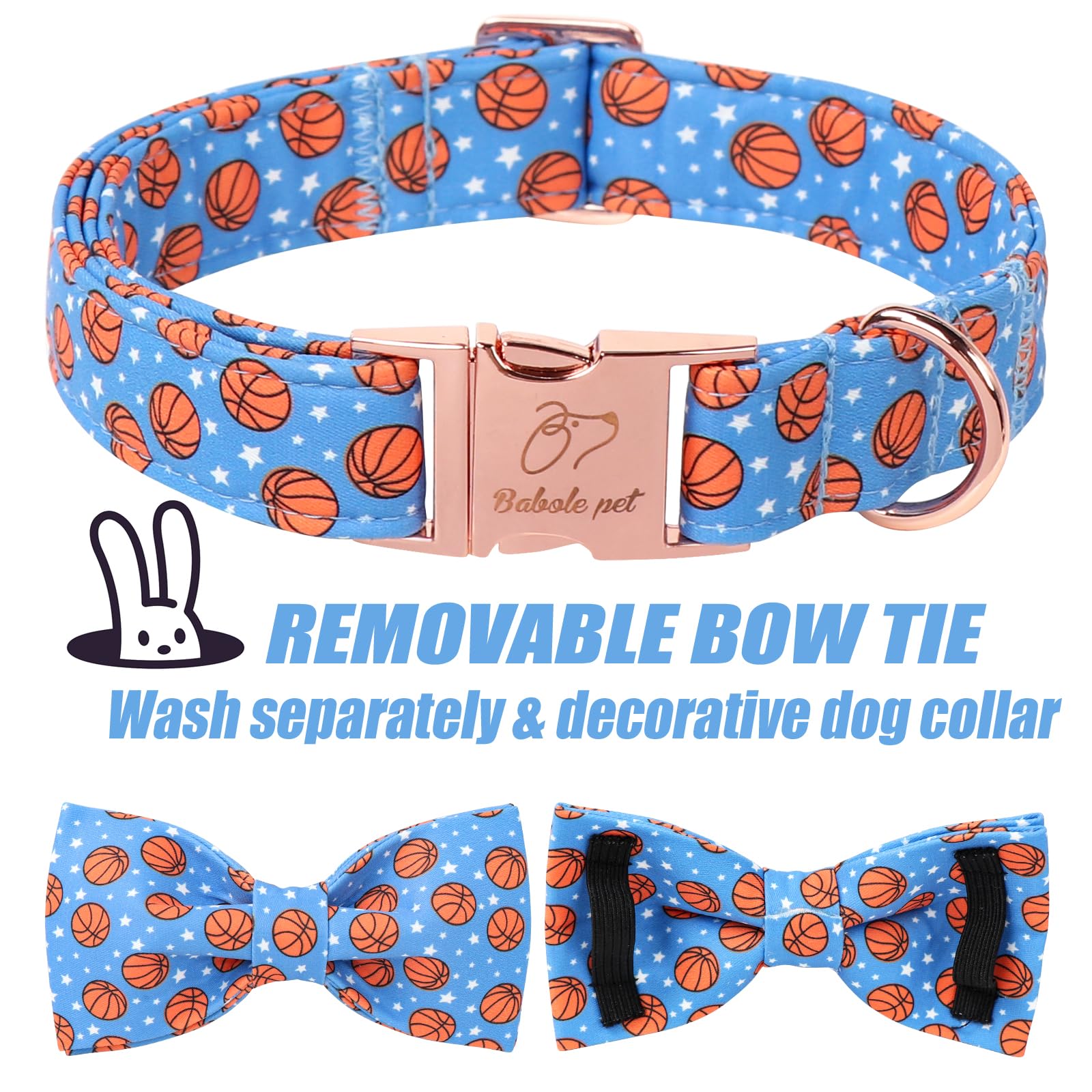 Babole Pet Cute Boy Dog Collar With Bow Tie - Adjustable Blue Basketball Bowtie Collar Spring-Summer Breathable Comfort Dog Coll