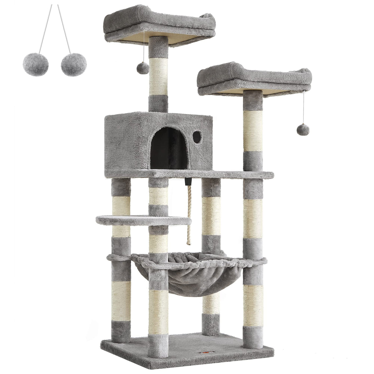 Feandrea Cat Tree, Cat Tower For Indoor Cats, 56.3-Inch Cat Condo With Scratching Posts, Hammock, Plush Perch, Light Gray Upct15