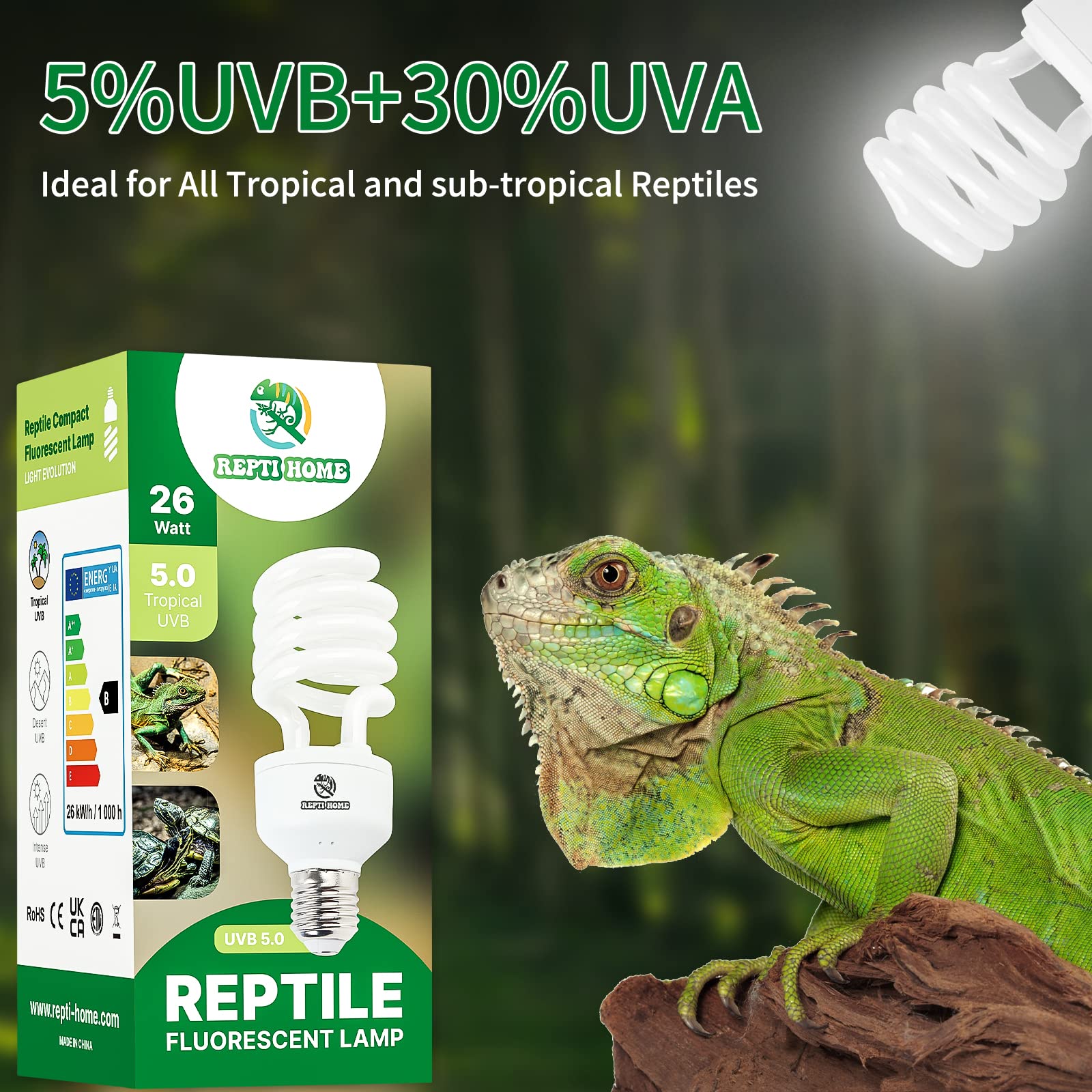 Repti Home Uvb Reptile Light 5.0, 26W Tropical And Sub-Tropical Uva Uvb Bulb For Reptiles, Tropical Terrarium Compact Fluorescent Lamp, Reptile Uvb Light Bulb For Chameleons, Iguanas, And Turtles