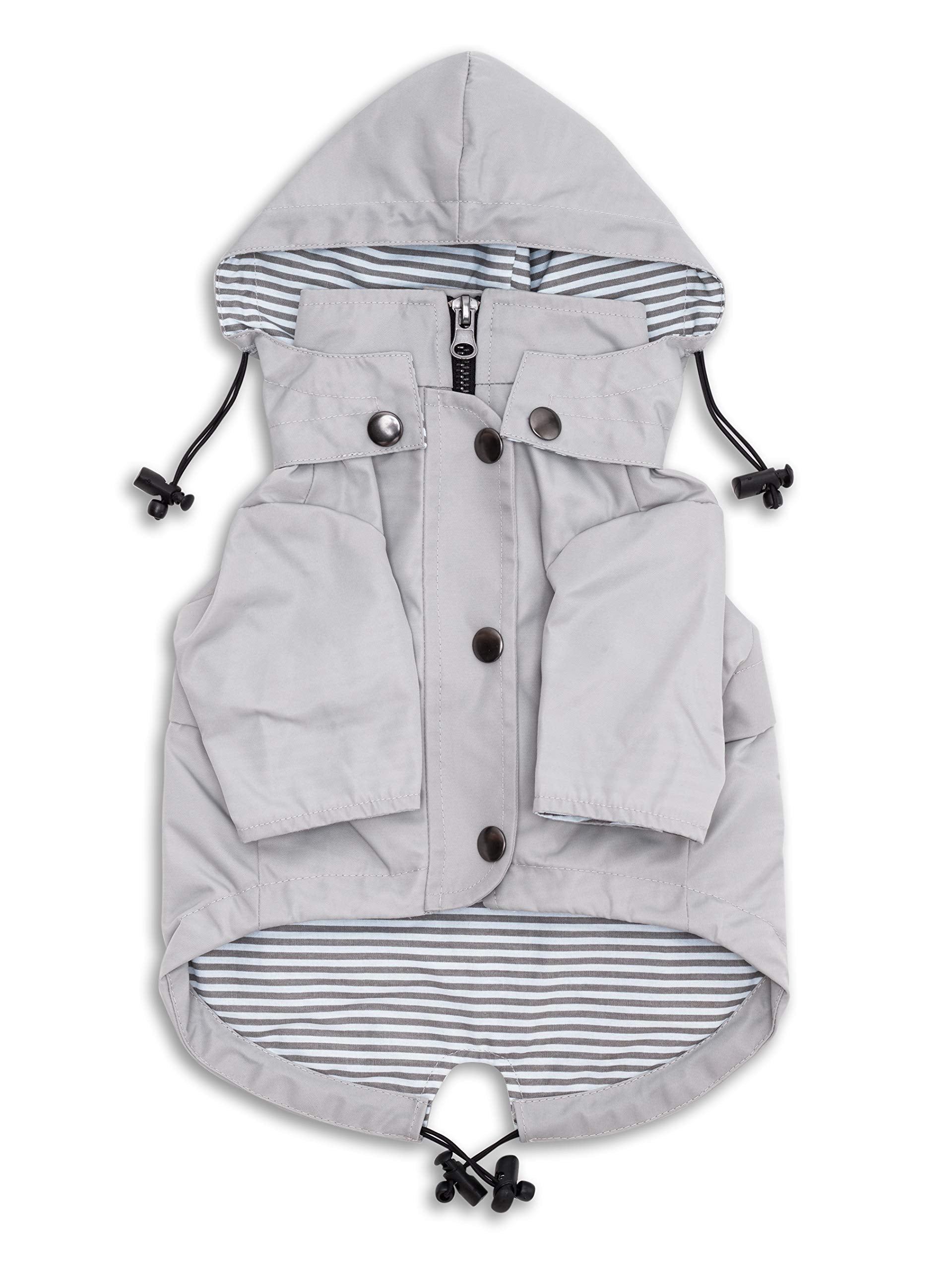 Ellie Dog Wear Zip Up Dog Raincoats With Reflective Buttons, Pockets, Rain/Water Resistant, Adjustable Drawstring, & Removable Hood - Xxs To Xxl - Stylish Premium Dog Raincoats (Light Grey, Small)