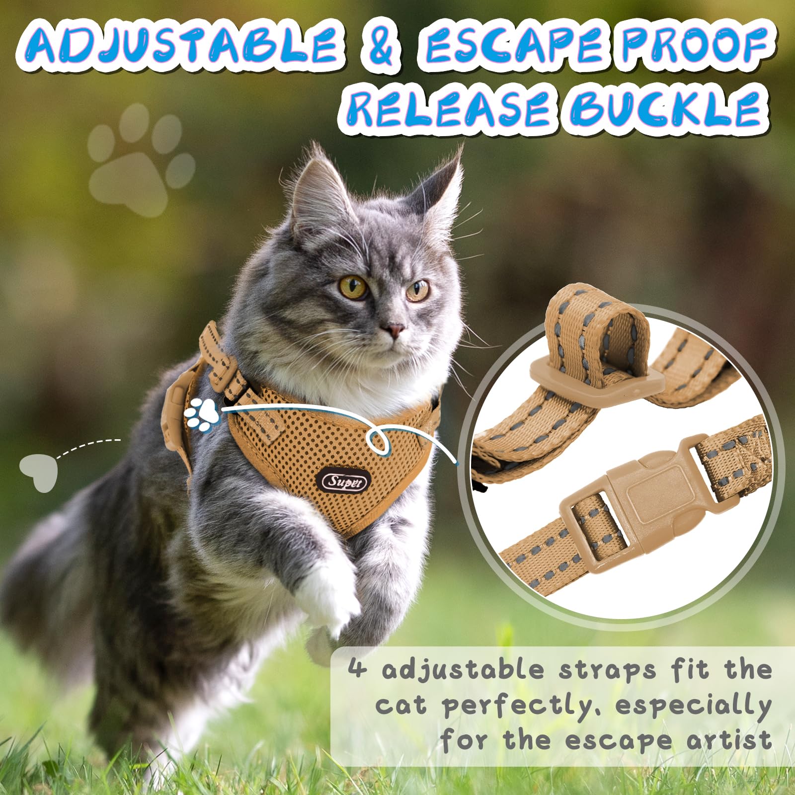 Supet Cat Harness And Leash Set For Small To Large Cats Adjustable Cat Vest Harness With Reflective Trim Universal Cat Leash And Harness For Cats/Puppies