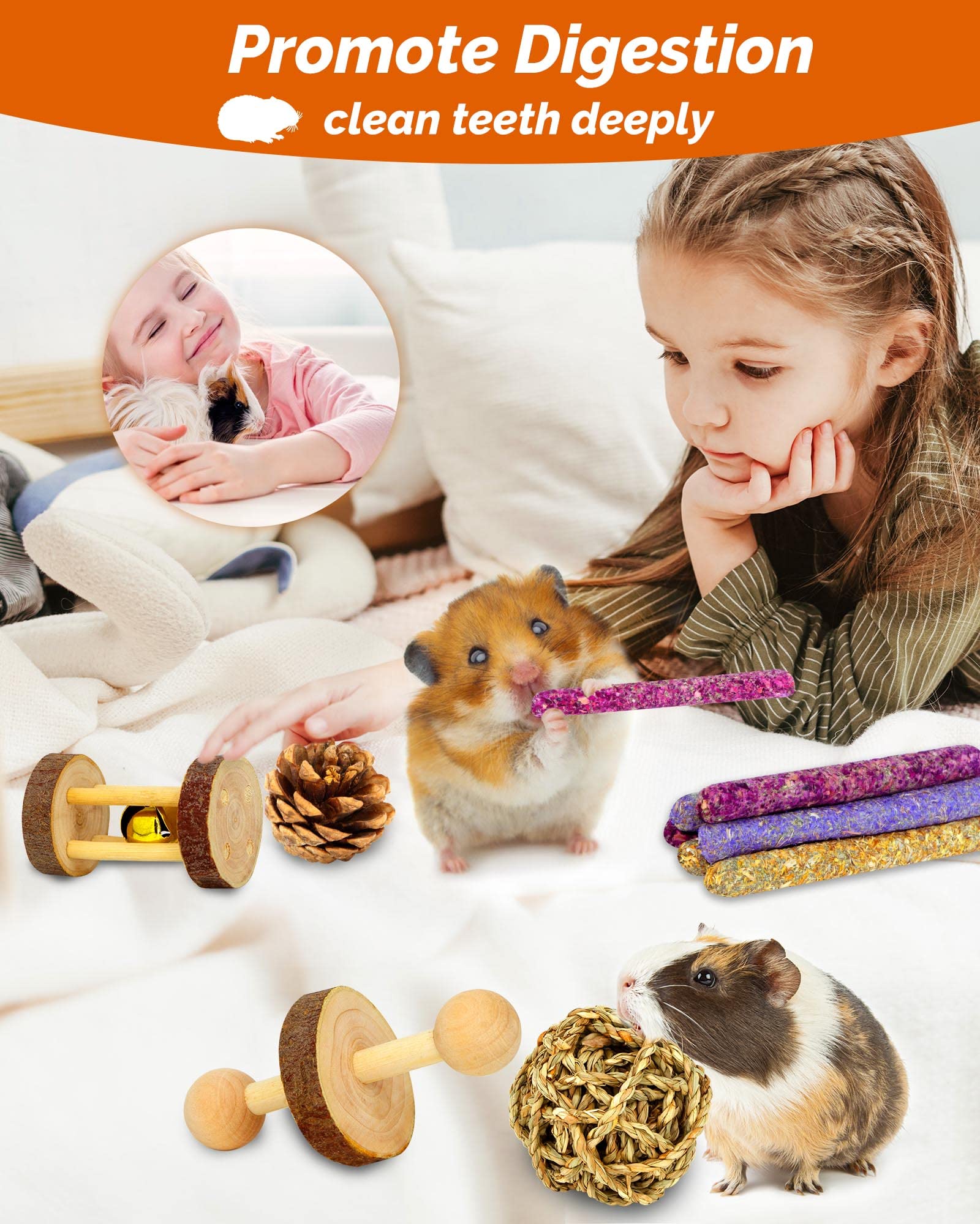 OVERTANG 18 Pcs Wooden Hamster & Guinea Pig Chew Toys, Natural Apple Wood Molar Toys for Small Animals, Exercise Accessories