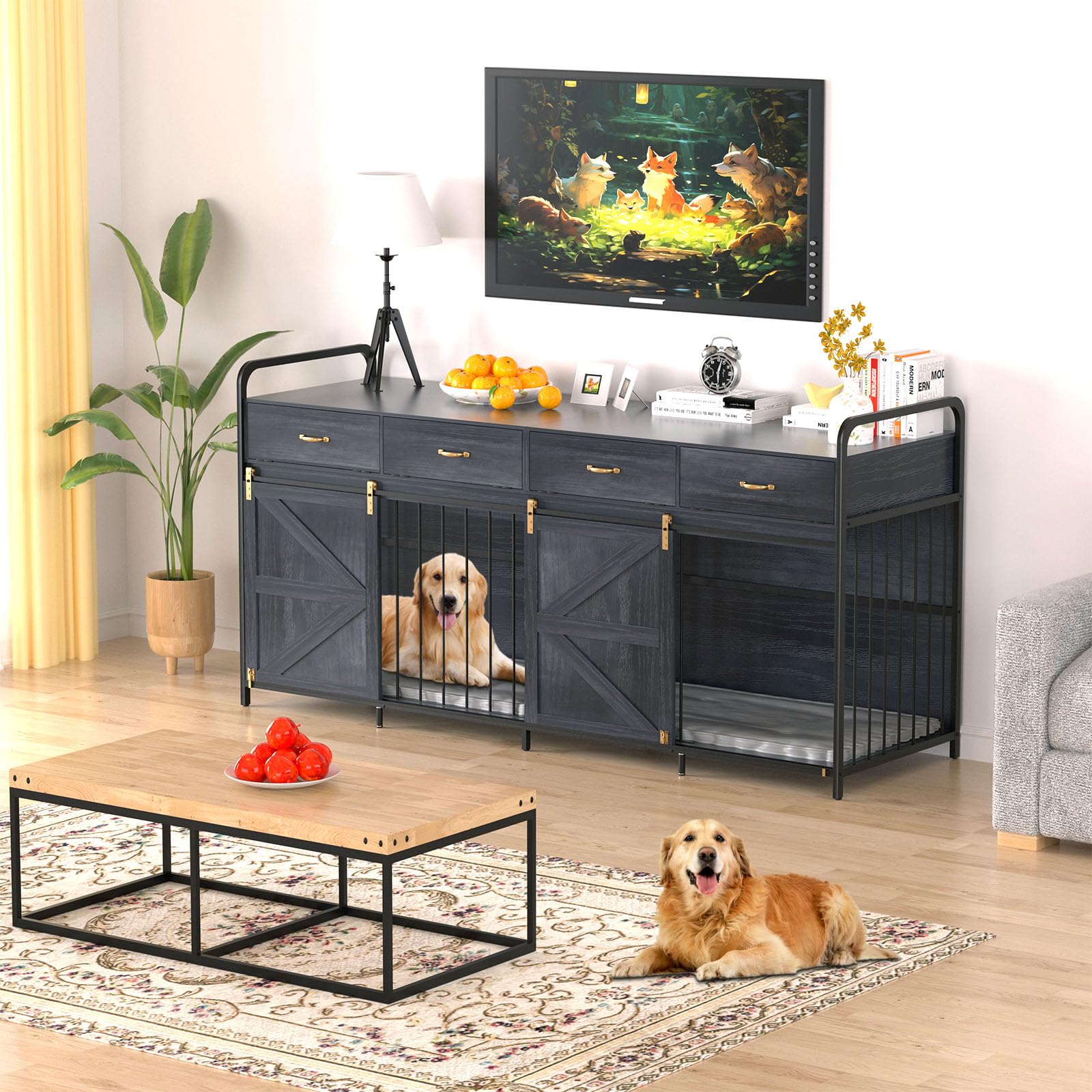 78.7 Inch Large Dog Crate Furniture for 2 Dogs Extra Large Dog Kennel Heavy Duty Wood Dog Crate Double Dog Crates Furniture TV S