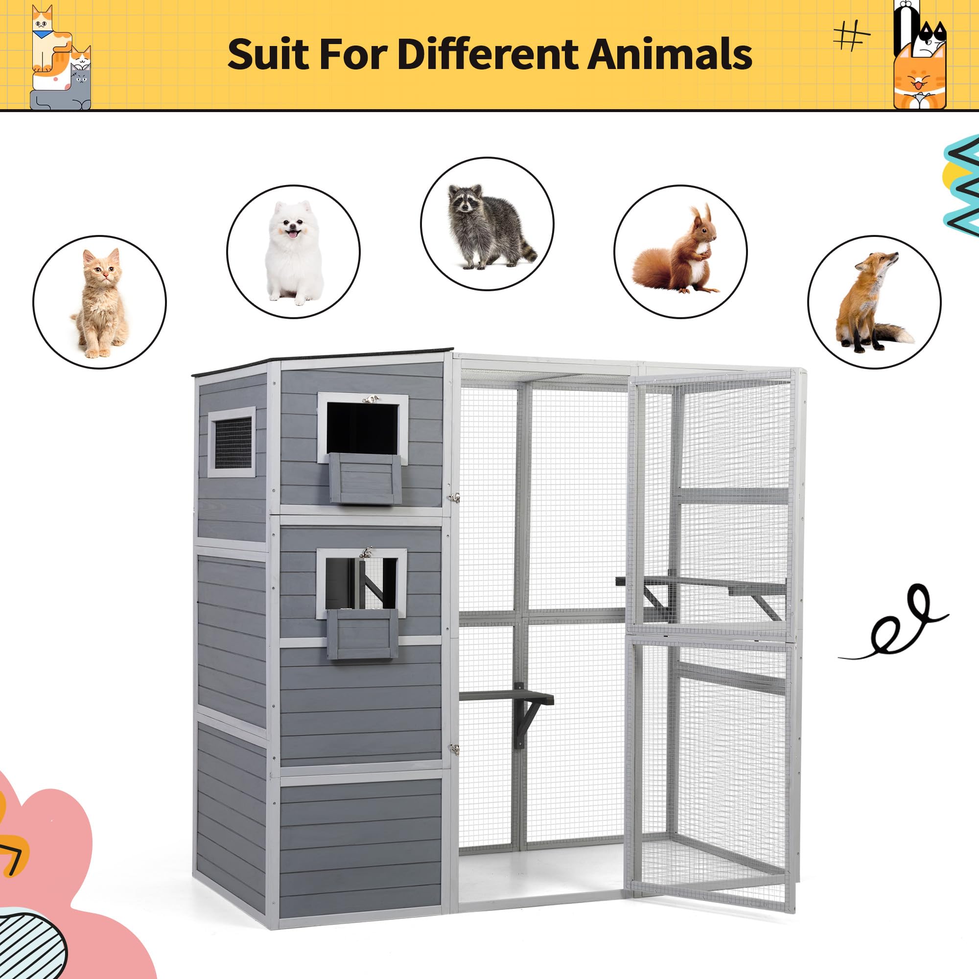 Coziwow Large Wood Cat Catio, Outdoor Cat Enclosure With Weatherproof Roof, 2 Resting Rooms, 2 Platforms, 4-Tier Cat Playpen, 76