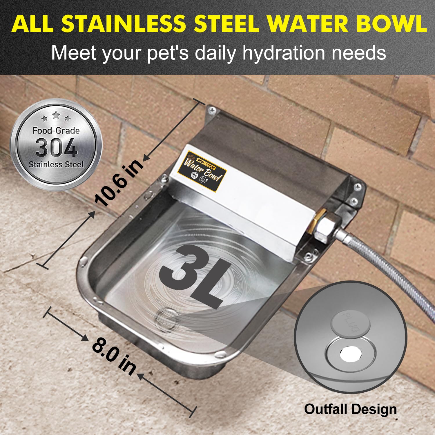 Automatic Water Dispenser for Dogs, Patented 3L Outdoor Dog Drinking Water Bowl, Stainless Steel Waterer Feeder Suitable for Chi