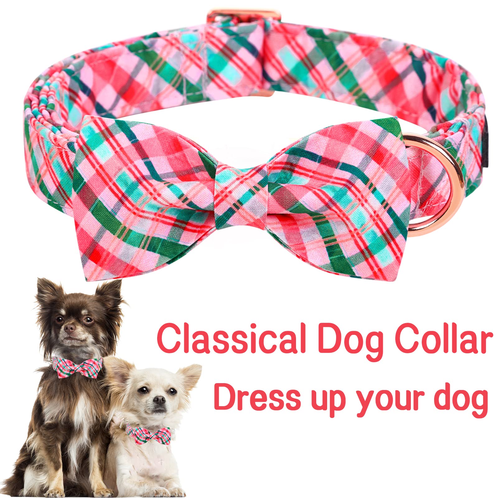 Unique Style Paws Dog Collar With Bow Pink & Green Plaid Dog Collar Best Gifts For Small Medium Large Dogs -M