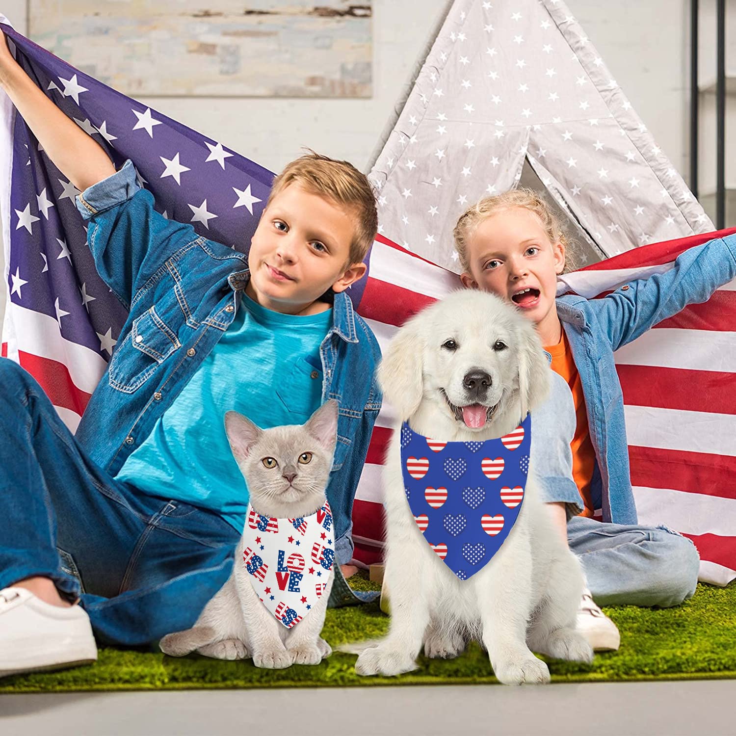 4Th Of July Dog Bandanas, 2 Pcs Memorial Day American Flag Dog Outfits Triangle Reversible Puppy Scarf Premium Durable Fabric, I