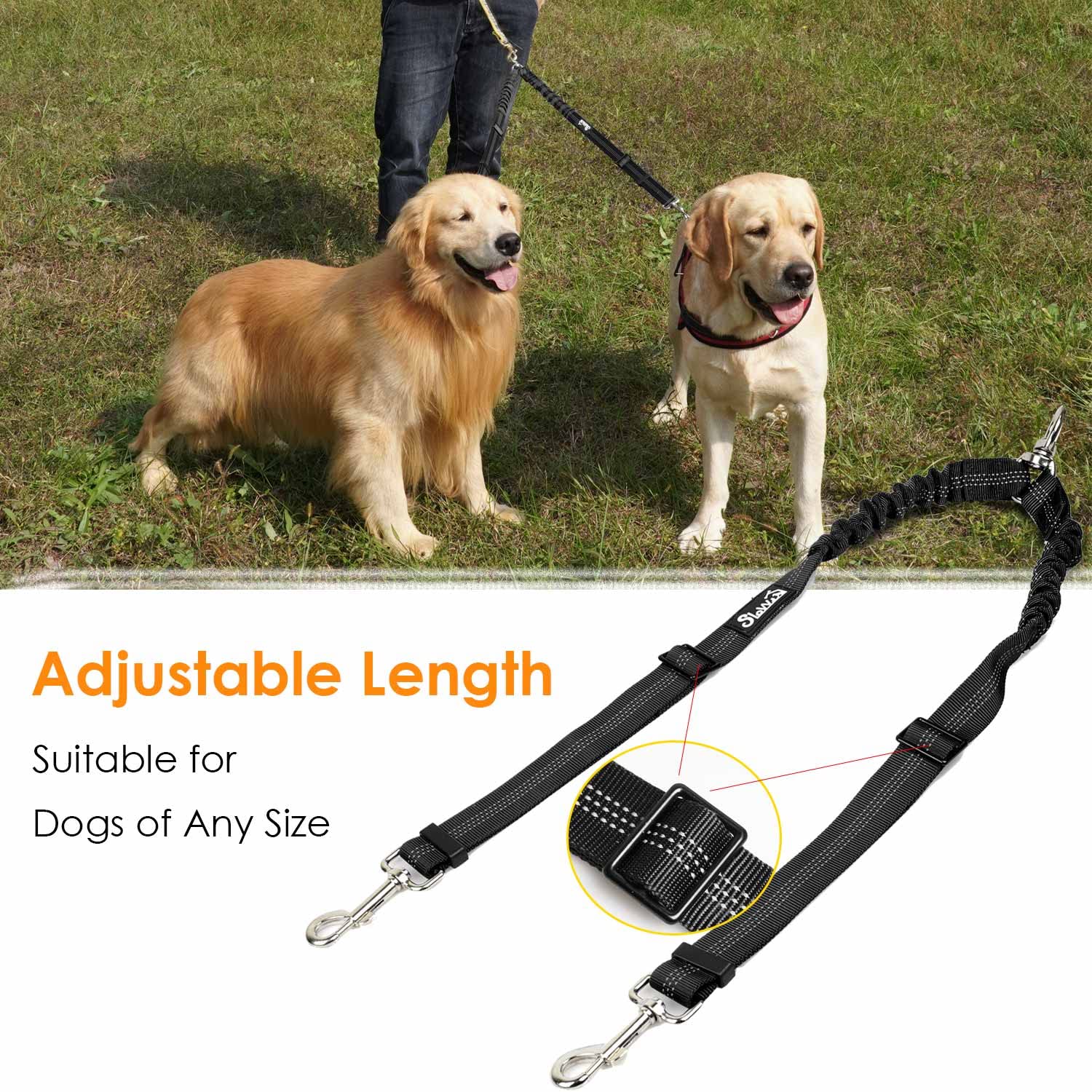 Autowt Double Dog Leash, No Tangle 360?Swivel Rotation Reflective Lead Attachment Adjustable Length Dual Two Dog Lead Splitter, Comfortable Shock Absorbing Walking Training For 2 Dogs