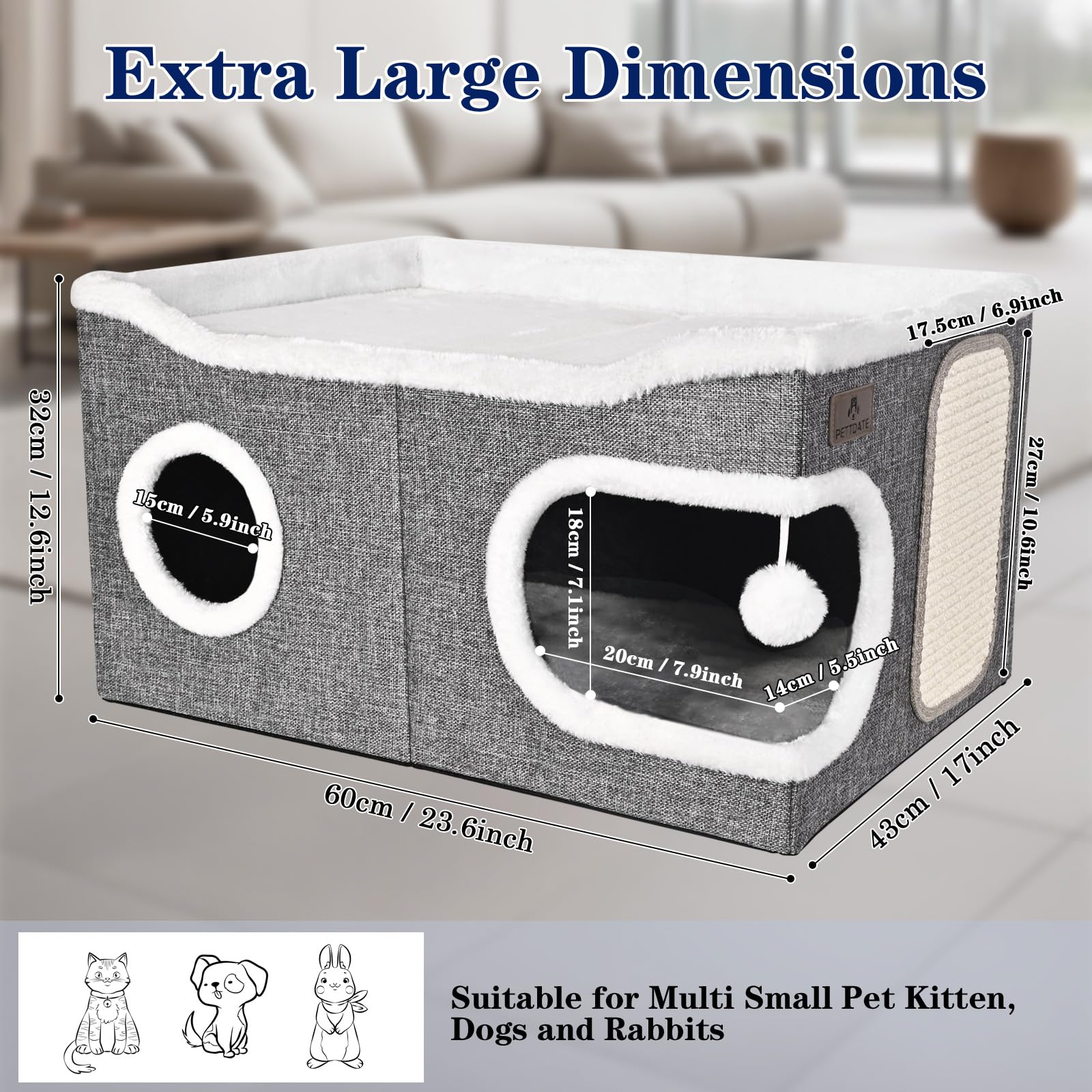 Extra Large Cat Beds for Indoor Cats, Covered Cat Cave Beds & Furniture with Scratch Pad and Fluffy Ball, Foldable Condo Hideawa