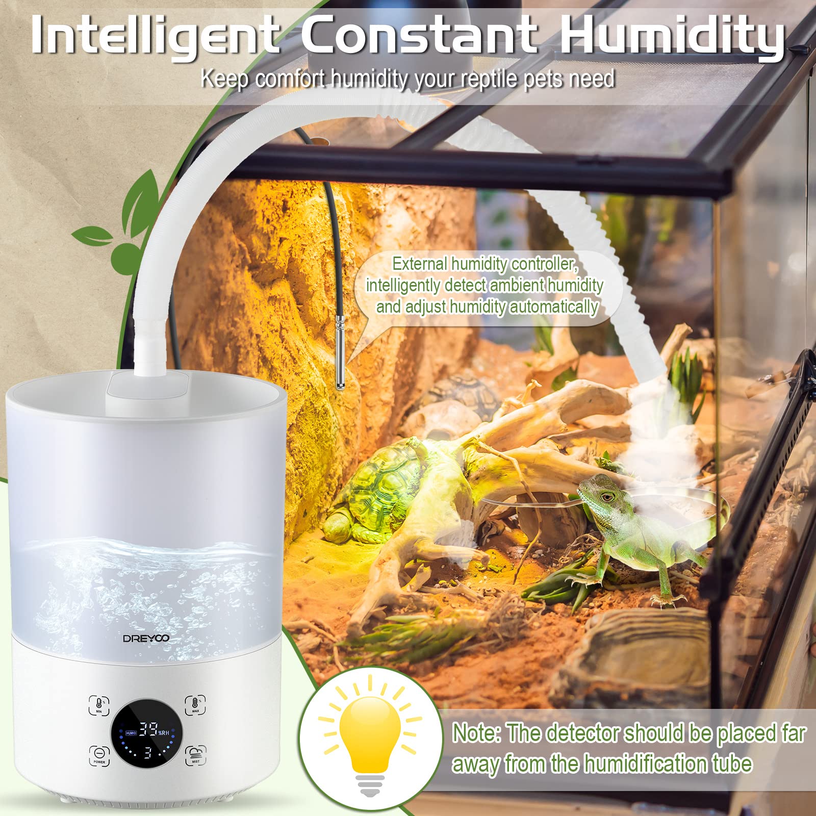 Smart Reptile Fogger Humidifiers with Humidity Control, Reptile Terrarium Humidifier Smart Touch, 3 Grades Adjustable Fogger wit