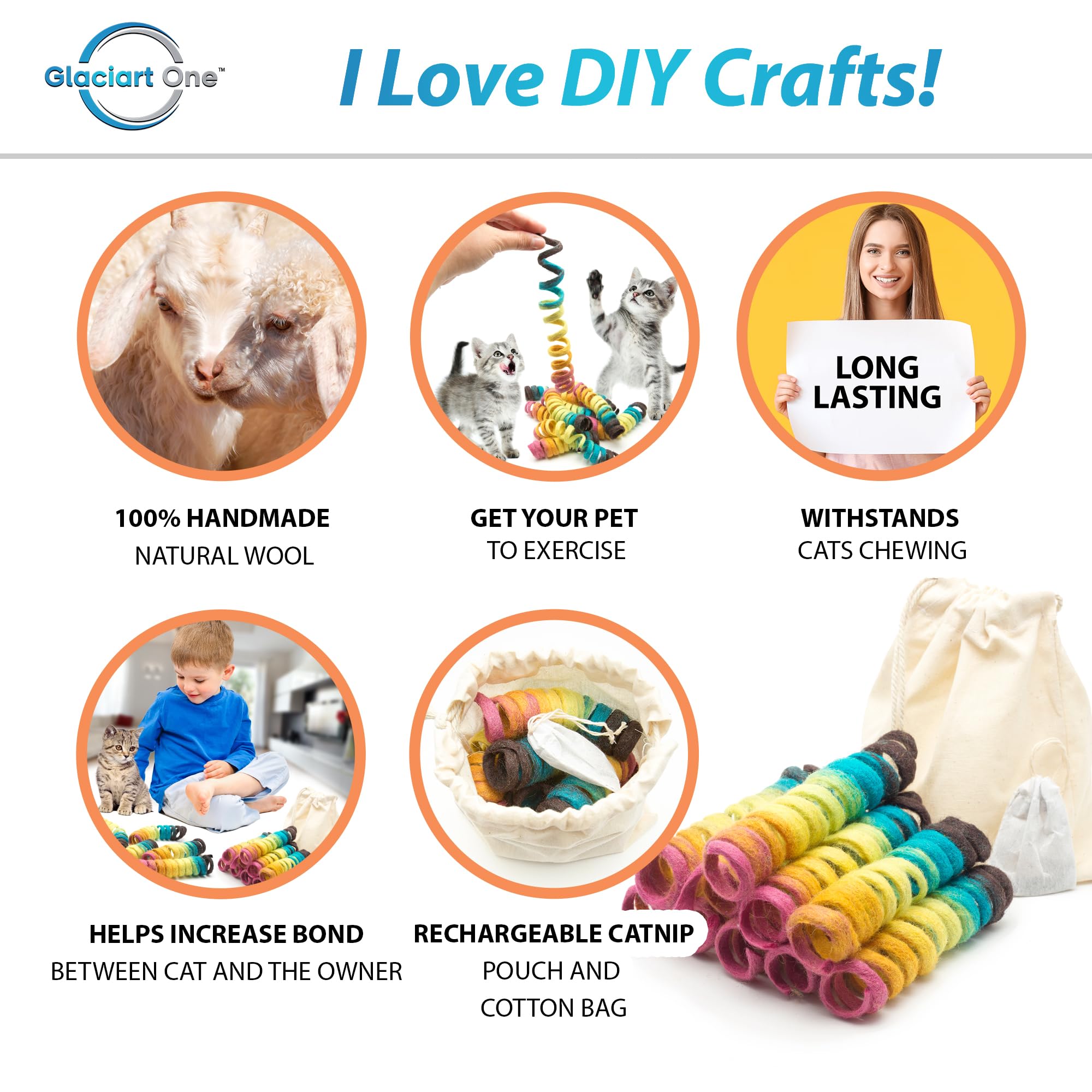 Glaciart One Felt Mini Spring Cat Toy - 10 Pcs Soft Fuzzy Enrichment 100% Natural Wool - Interactive Stretchable Play Cat Toy Se
