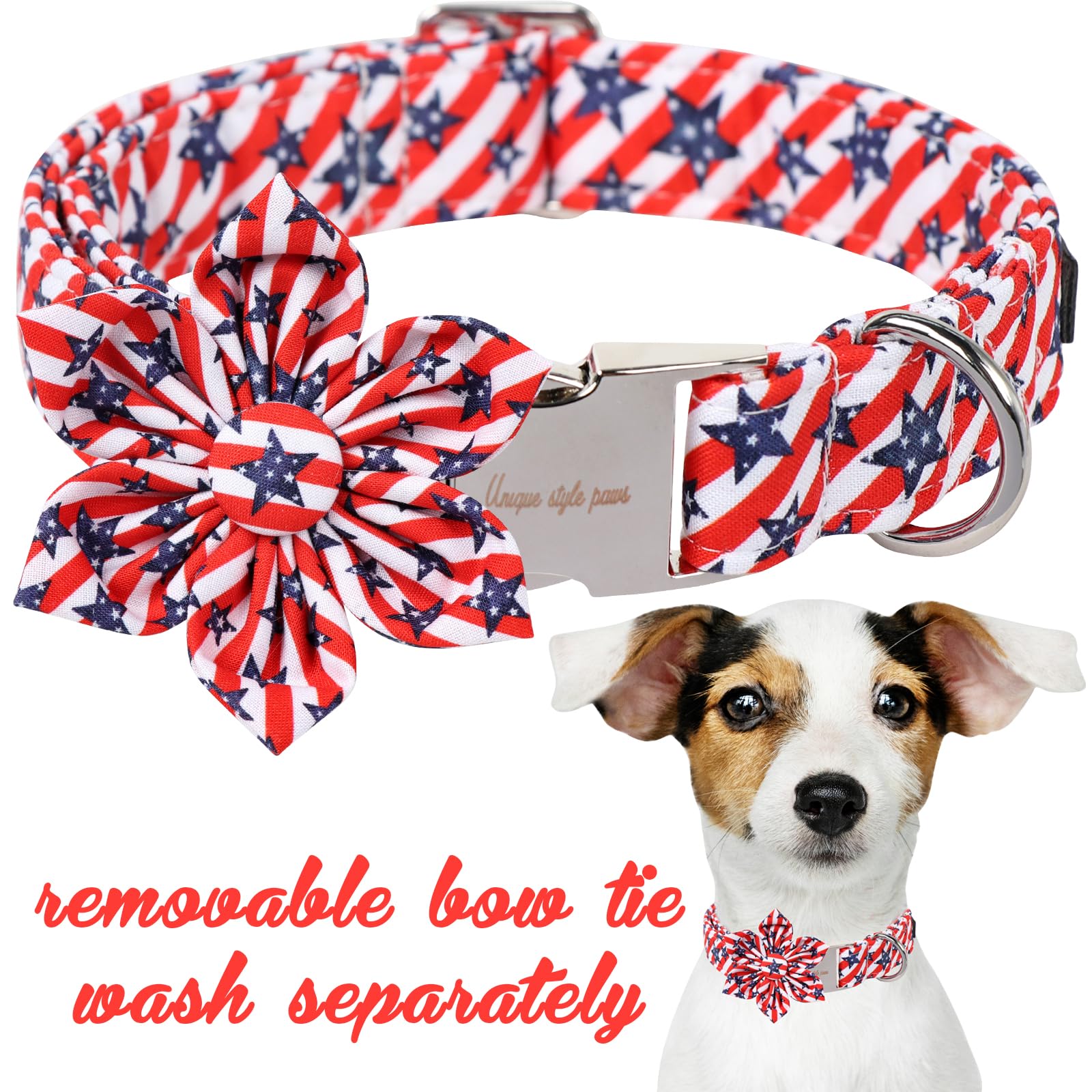 Unique Style Paws Independence Day Dog Collar With Bow Striped Star For Small Medium Large Boys Girls Dogs
