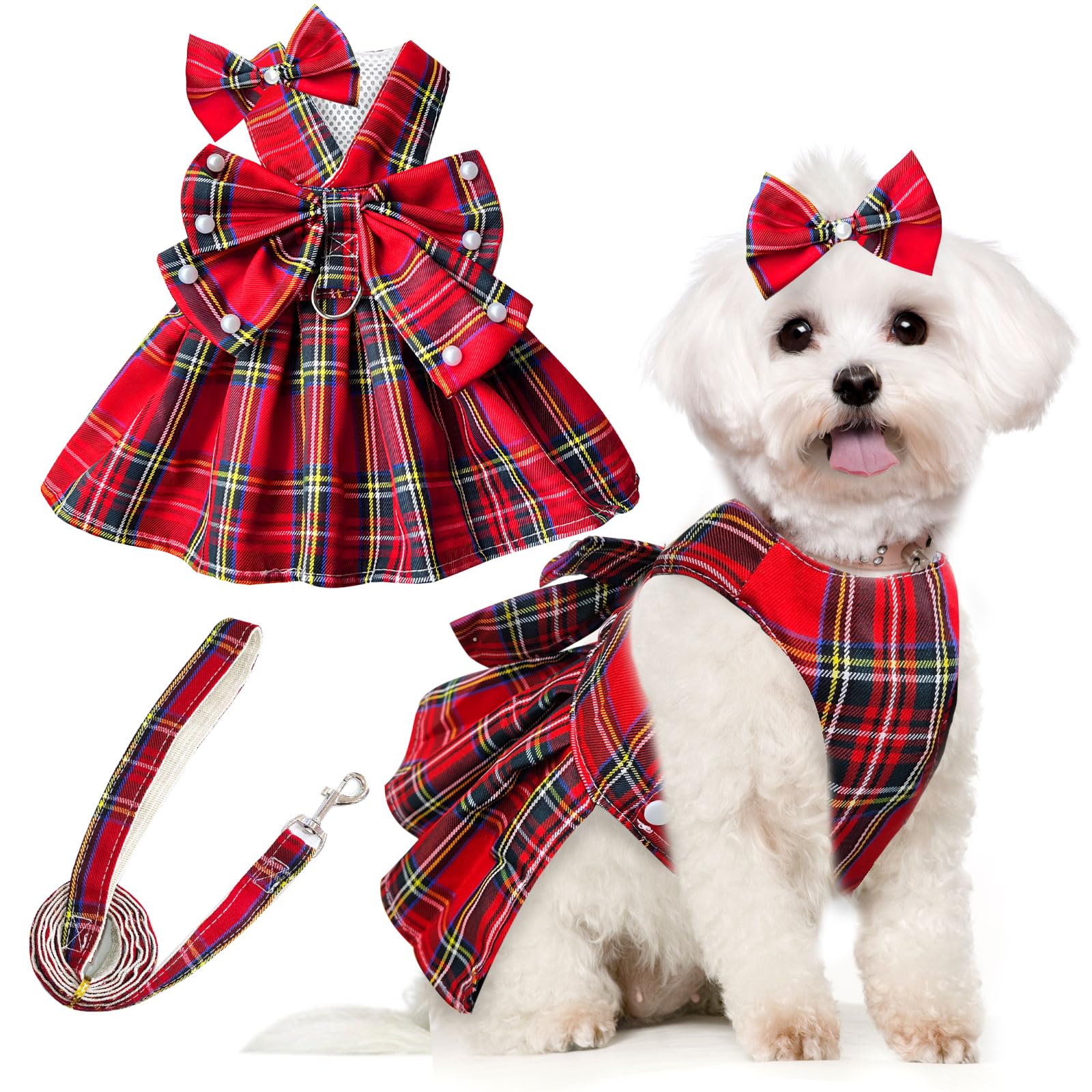 Petcare Cute Dog Dress Clothes For Small Dogs Cats Girl Female Red Plaid Bow Tie Dog Harness Dresses Leash Set With Pearls Bow A