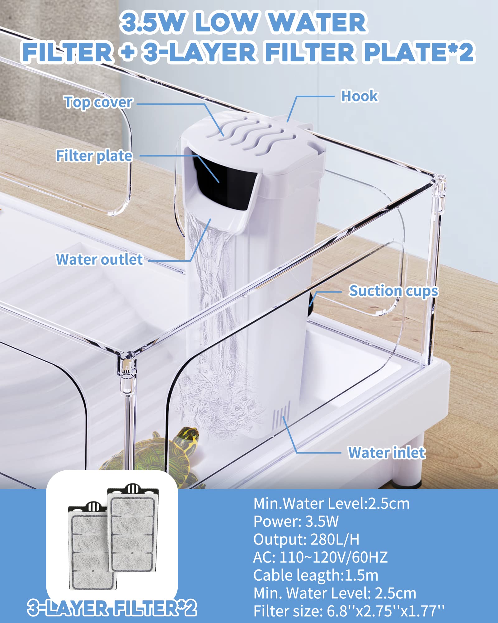 Moonorange Aquarium Filter(3.5W), Fish Tank Filter, Low-Water Filter For Small Fish Tank And Turtle Tank, For Reptile Tank Up To